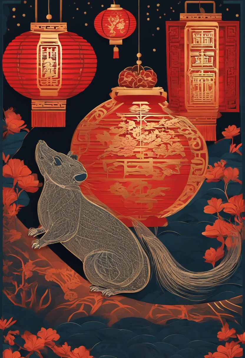 Paper cut style,In the pattern style of oriental style,There is a large zodiac rat in the middle,On the streets of ancient China,The background has lanterns full of festive atmosphere