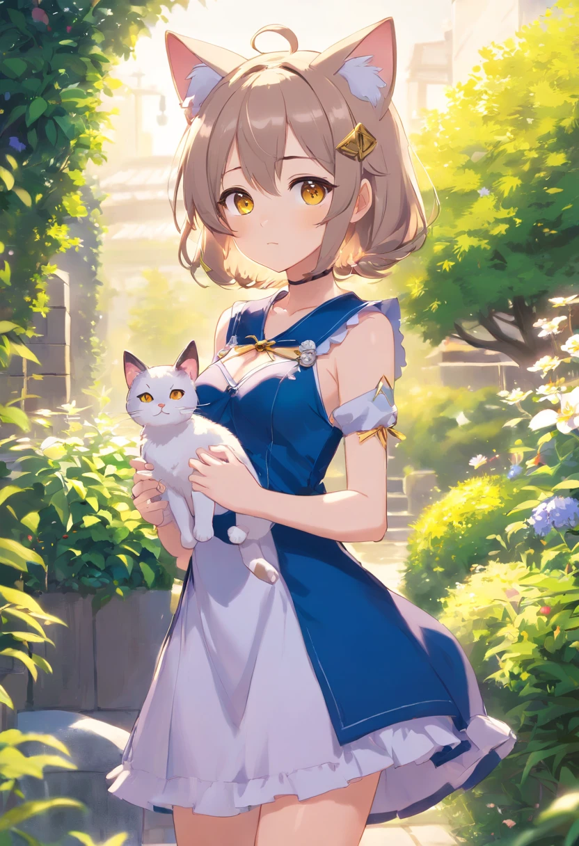 Cat-eared girl in dress standing in garden, Break，silber hair，gold eyes，loli in dress, small curvaceous loli, Guviz-style artwork, Guweiz in Pixiv ArtStation, Guweiz on ArtStation Pixiv, Guviz, small loli girl, Soft anime illustration, Anime visuals of cute girls, Detailed digital anime art，Girl with cat ears，Beautiful rendering, Beautiful digital artwork，quadratic element，anime big breast，gold eyes，Perfect body proportion，chiquita，femele，full bodyesbian，
