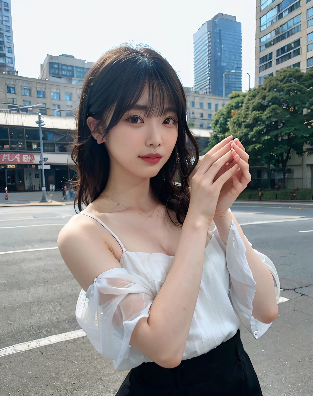 Hands are raised up、Black clothe、Random posture、mix4、(8K、RAW Photos、top-quality、​masterpiece:1.2)、(realisitic、Photorealsitic:1.37)、1 girl in、cute little、A city scape、Daytime、profetional lighting、Photon mapping、Radio City、Physically-based rendering、Gradient black hair、short  curly hair、top quality photo、hight resolution、1080p、(Clear face)、(Detailed face description)、(Detailed hand description)、(​masterpiece)、(Elaborate CG)、extreme light and shadows、dishevled hair、The work of the master、abundant detail、(Fine facial features)、(top quality photo)、(​masterpiece)、(A detailed eye)、Look ahead of youeyes、Fine clavicle
