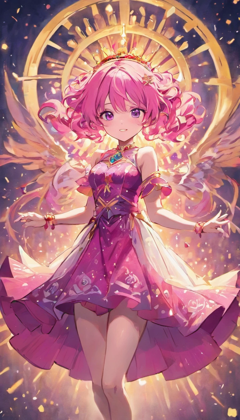 Masterpiece, Best quality, beautiful, happy adult princess, pink hair, wearing flowing dress in rich hues of deep pink and royal blue, adorned with intricate patterns that hinted at her connection to ancient magic, reflection of her enigmatic nature, smiling confidentially, wearing jewel necklace, magical bracelets, marvelous crown, brilliant texture work, purple pants,