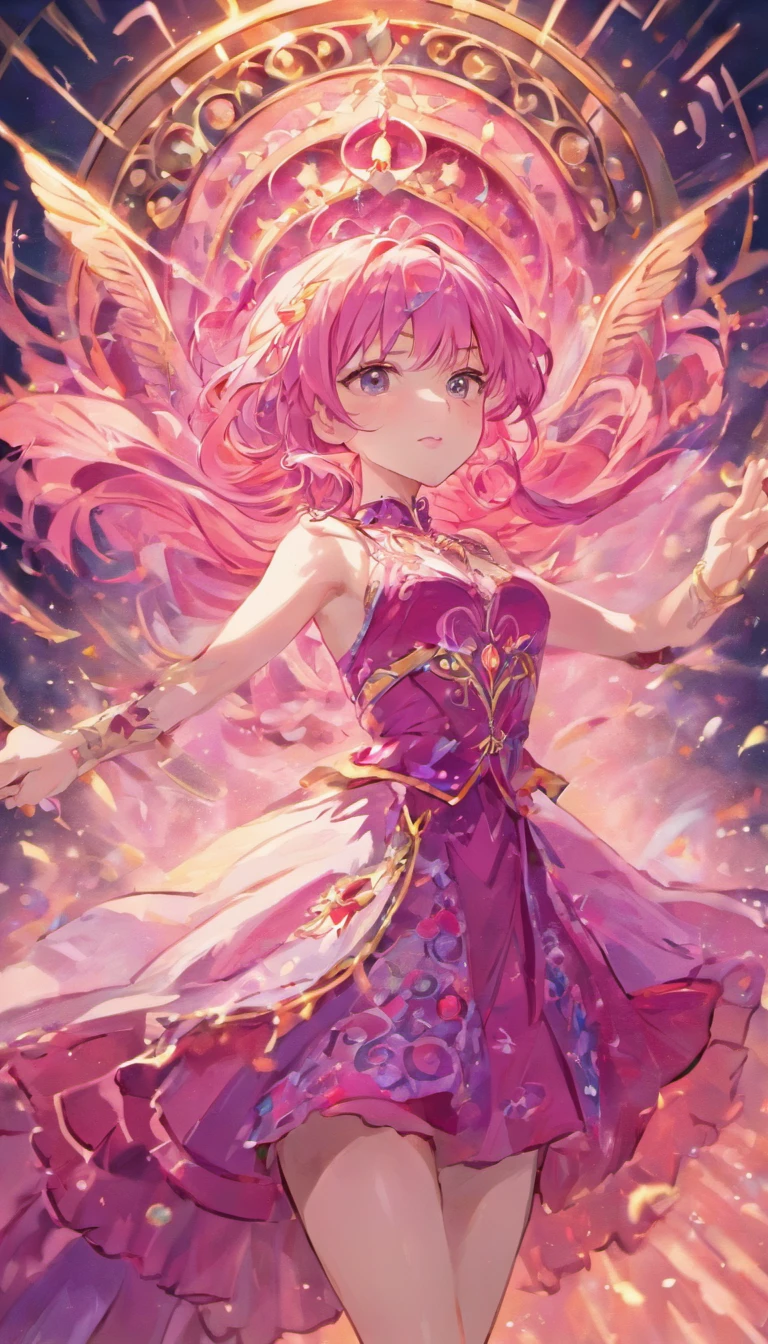 Masterpiece, Best quality, beautiful, happy adult princess, pink hair, wearing flowing dress in rich hues of deep pink and royal blue, adorned with intricate patterns that hinted at her connection to ancient magic, reflection of her enigmatic nature, smiling confidentially, wearing jewel necklace, magical bracelets, marvelous crown, brilliant texture work, purple pants,