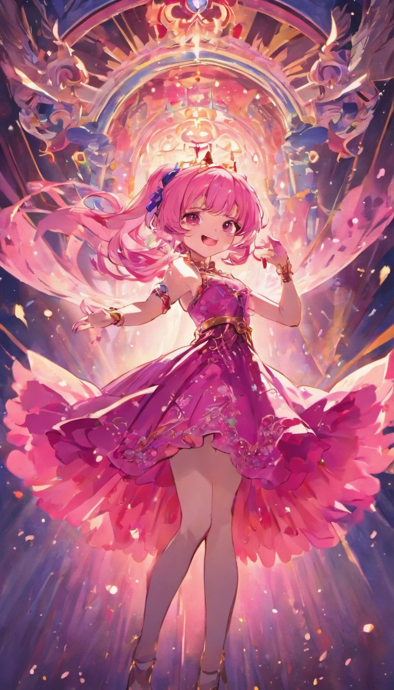 Masterpiece, Best quality, beautiful, happy adult princess, pink hair, wearing flowing dress in rich hues of deep pink and royal blue, adorned with intricate patterns that hinted at her connection to ancient magic, reflection of her enigmatic nature, smiling confidentially, wearing jewel necklace, magical bracelets, marvelous crown, brilliant texture work, purple pants,