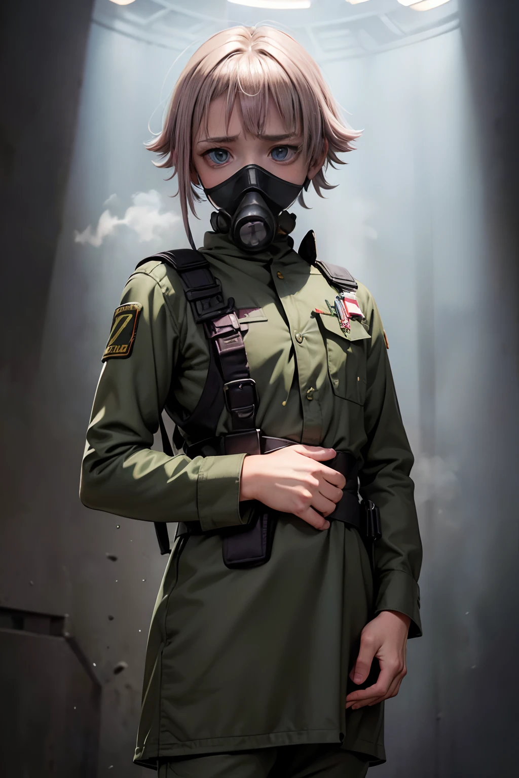 Que tengas ropas militar de soldado de combate y tengo una mascarilla de gas ( and his eyes come out well formed also his face and his hands ( que tenga ropa militar (soldado de combate)2.5D Anime realistic sus (pelos morado) Crona who is  who wears a military suit of combat soldier and has a gas mask that the eyes come out well formed