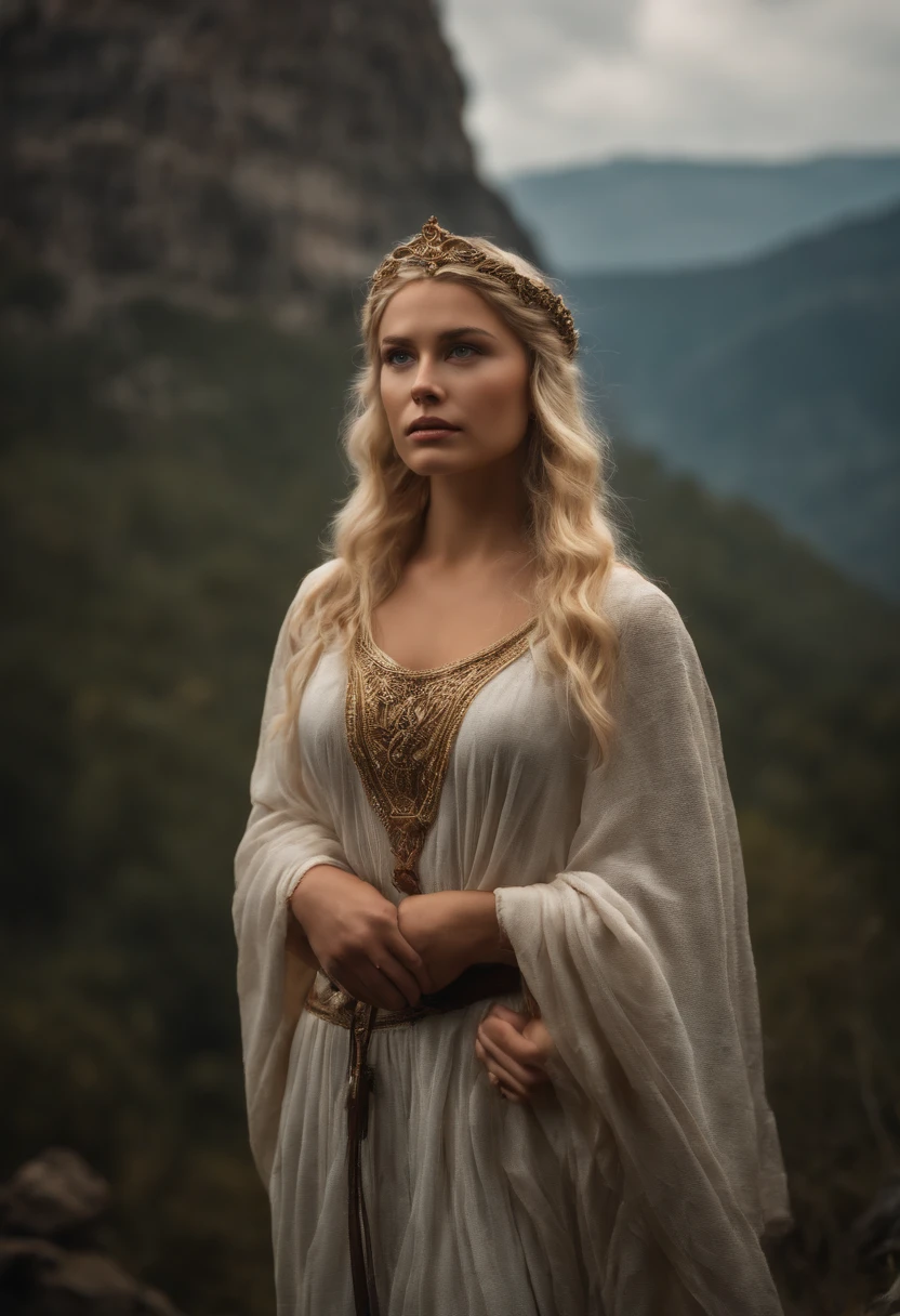 Jovem deusa grega Agora mesmoa, Virgin of wild nature and hunting, com (((blonde hair))) e (((olhos azuis))), Amazingly beautiful, is light-skinned, esbelta e alta, (Agora mesmo) Abs, "Parece rigoroso e determinado", mythical Arcadian mountains and forests, mitologia grega, hiper-realismo, fotorrealista, super detalhe, 8k, master part