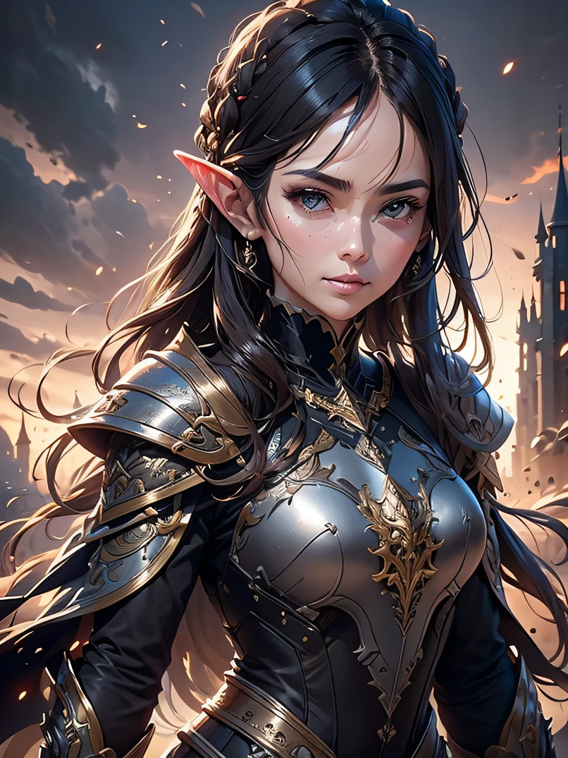 top-quality、ultra-detailliert、Very delicate、lighting like a movie、Unique lighting effects、Four-fifths shot、Full body portrait of beautiful 40 year old female elf、Environments with complex details、ighly detailed、Elegant person、Graceful aura、Elaborate patterns that blend fantasy and modernity、Black cloak of flowing fabric、Richly textured black leather armor and leggings、Delicately carved black plate armor、Bustling medieval cityscape and castle in the background、Mystical atmosphere filled with magical elements、Dynamic lighting with vibrant colors、Detailed background depiction、Deep sense of depth、Depth and mood、A dark-haired、tall、a small face、well-proportioned figure、Hairstyle Ponytail、Seductive blue eyes、Sharp eyes、hyperdetailed face、A detailed eye、Detailed hand depiction、Detailed foot depiction、Focus from the waist up、Dynamic action