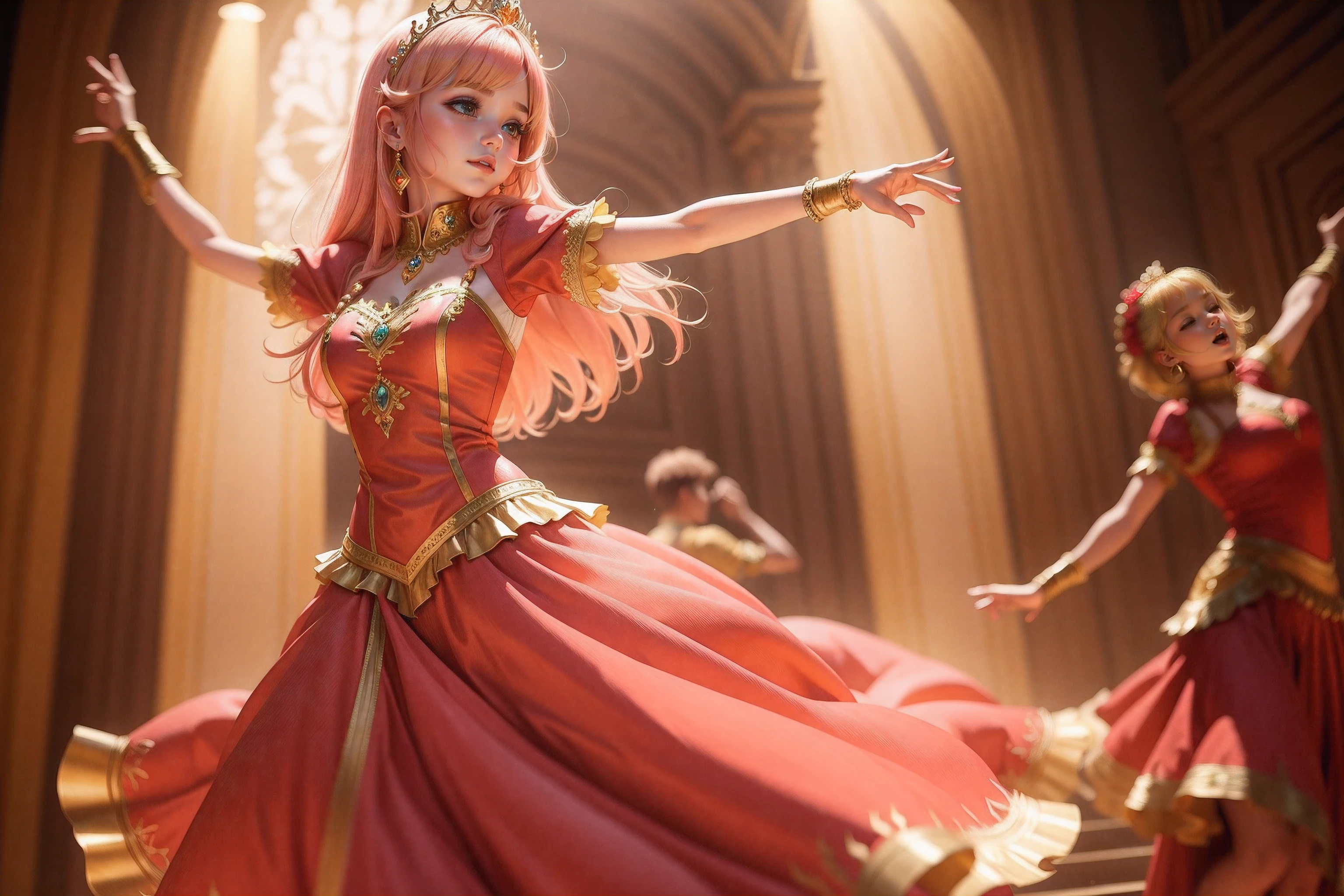 princess wearing Wild Strawberry colored long dress and with Gold (Crayola) colored hair, dancing pose