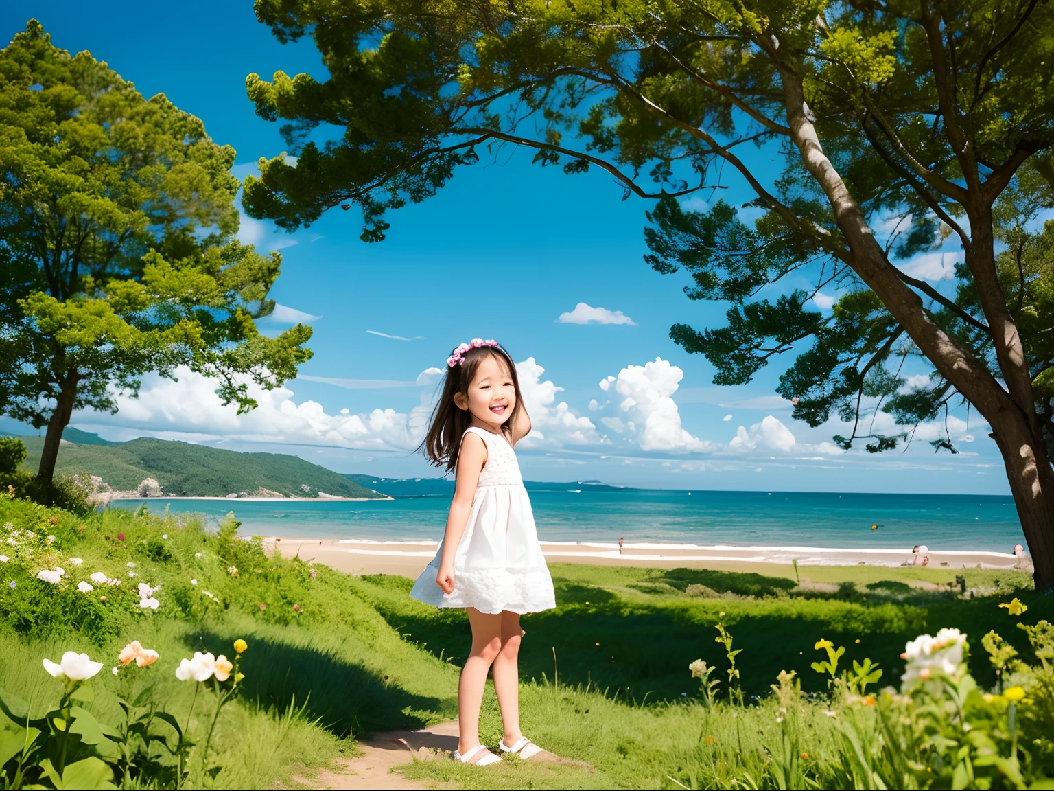 Little girl, great flower, In the forest，Blue sky and white clouds，flower  sea，Happy smile，The photos are similar