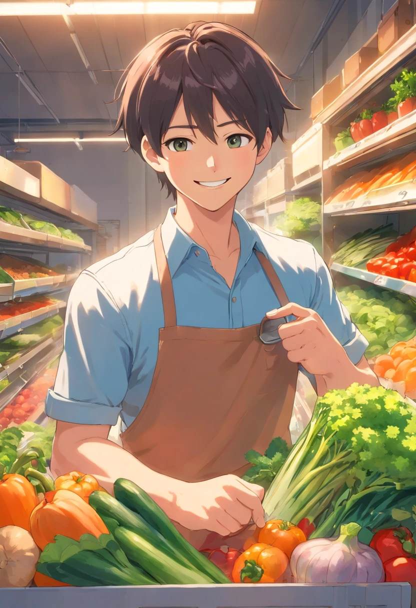 Smiling muscular man in apron holding a box of vegetables,thumb up, advertisement picture, advertising photograph, wearing apron, promo image, personal profile picture, gardening, farmer, promo art, Home and garden, Handsome man, attractive and good looking, professional picture, Attractive man, professional profile picture, high quality portrait, very professional, As well as handymen
