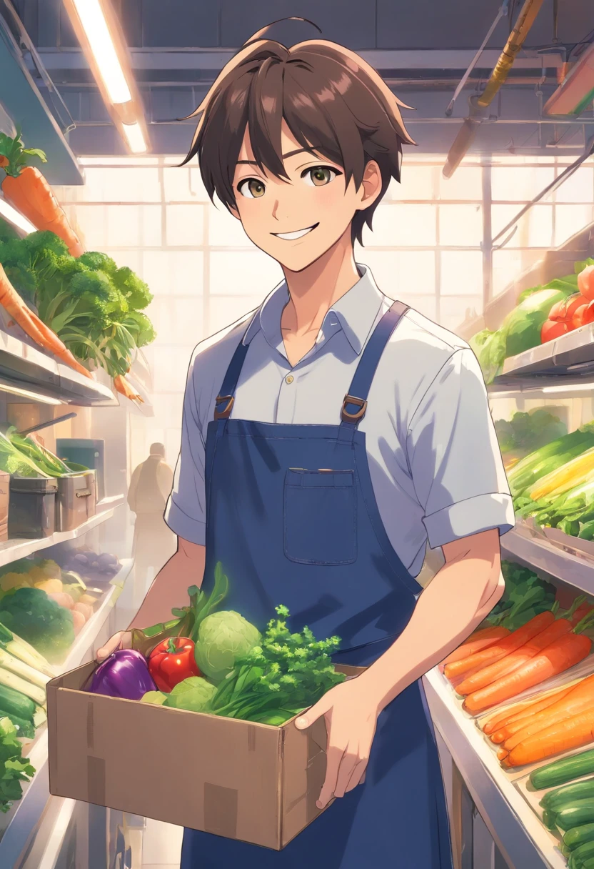 Smiling muscular man in apron holding a box of vegetables,thumb up, advertisement picture, advertising photograph, wearing apron, promo image, personal profile picture, gardening, farmer, promo art, Home and garden, Handsome man, attractive and good looking, professional picture, Attractive man, professional profile picture, high quality portrait, very professional, As well as handymen