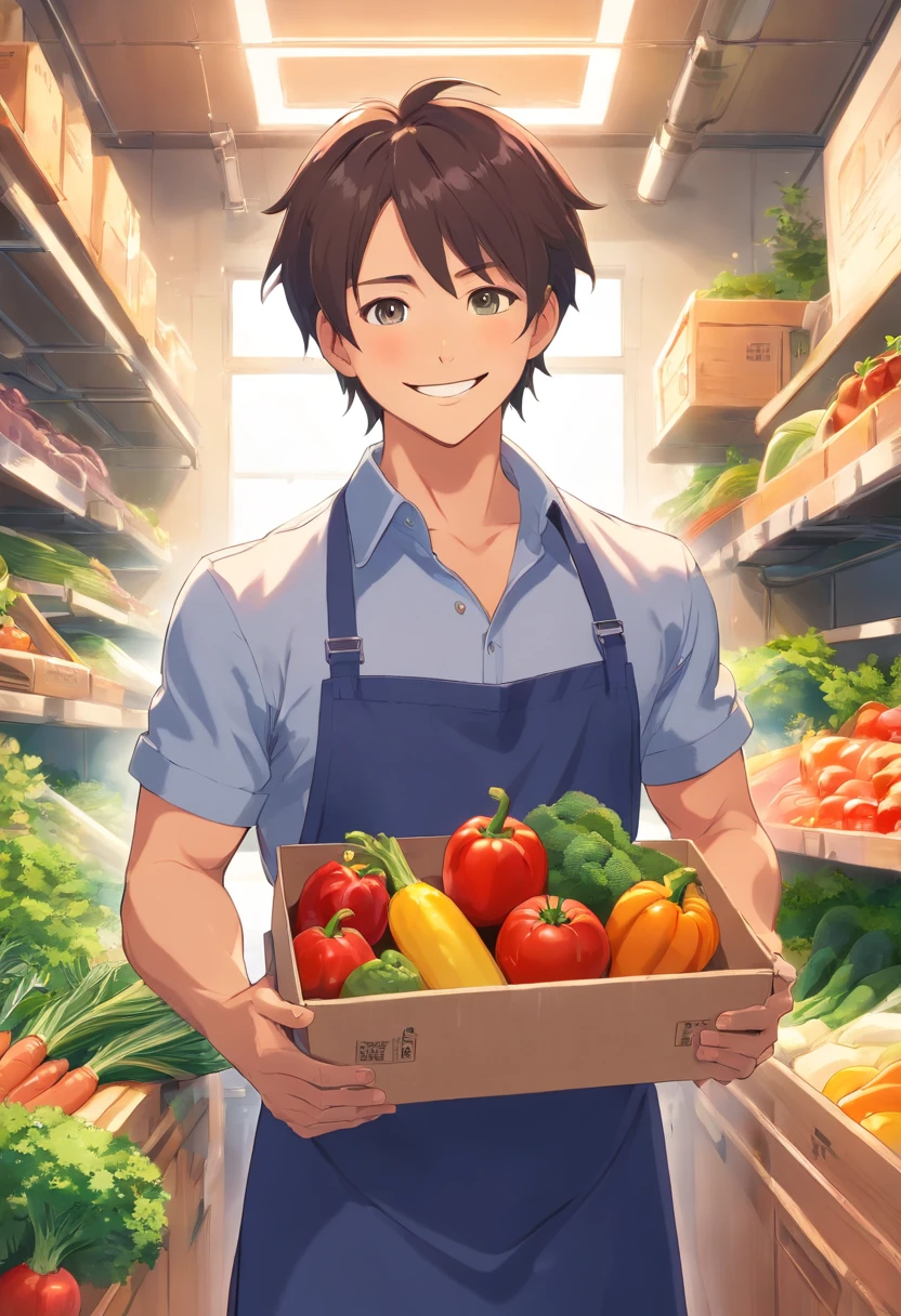 Smiling muscular man in apron holding a box of vegetables，thumb up, advertisement picture, advertising photograph, wearing apron, promo image, personal profile picture, gardening, farmer, promo art, Home and garden, Handsome man, attractive and good looking, professional picture, Attractive man, professional profile picture, high quality portrait, very professional, As well as handymen