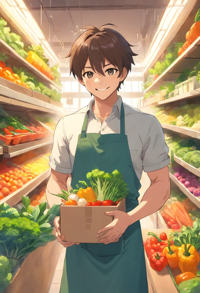 Smiling muscular man in apron holding a box of vegetables,thumb up, advertisement picture, advertising photograph, wearing apron, promo image, personal profile picture, gardening, farmer, promo art, Home and garden, Handsome man, attractive and good looking, professional picture, Attractive man, professional profile picture, high quality portrait, very professional, As well as handymen