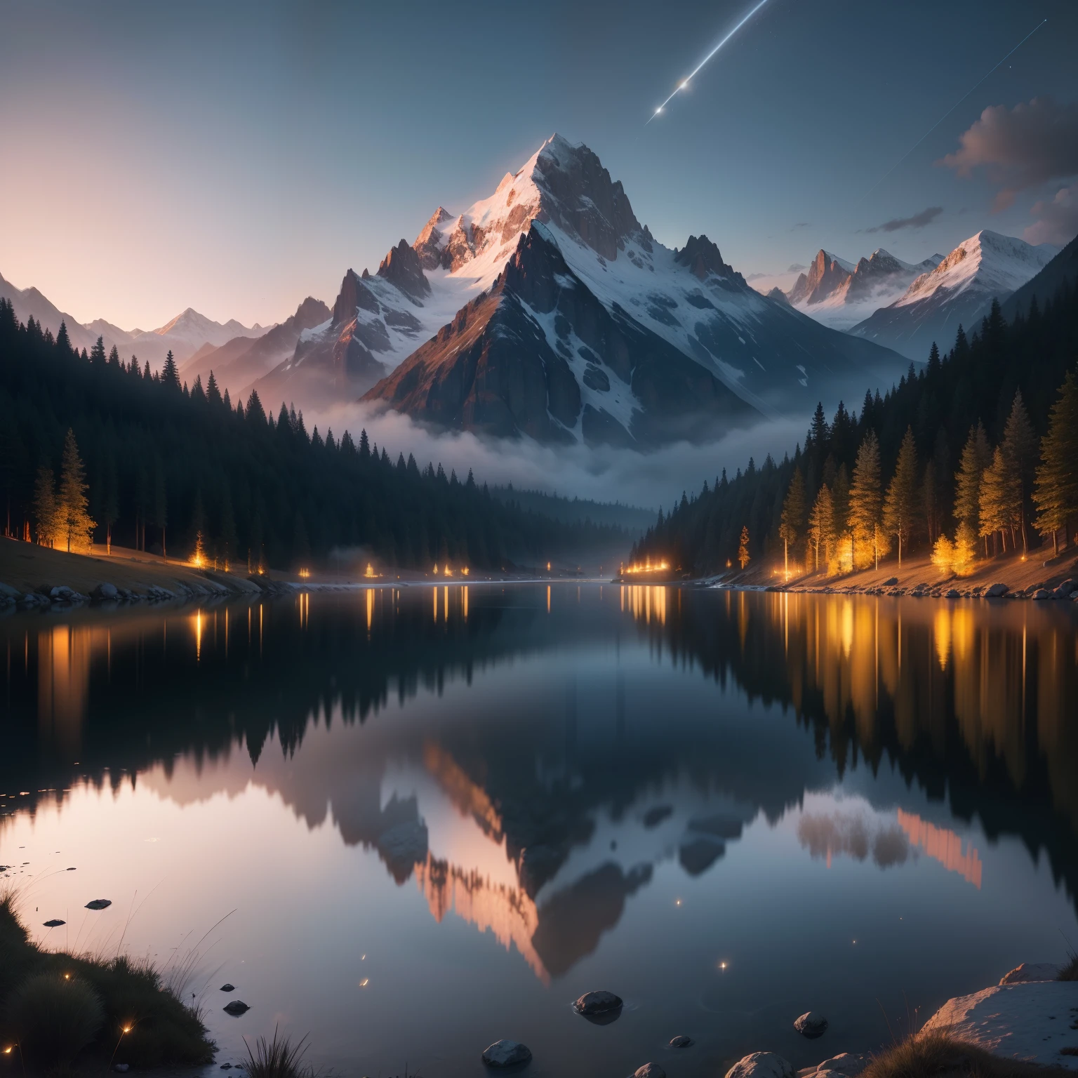 Landscape with mountains, nieve, Crystal clear lake with fireflies around, neblina leve, luna llena brillante, muelle, calidad ultra, hiperealista, reflejo de la luna en el agua