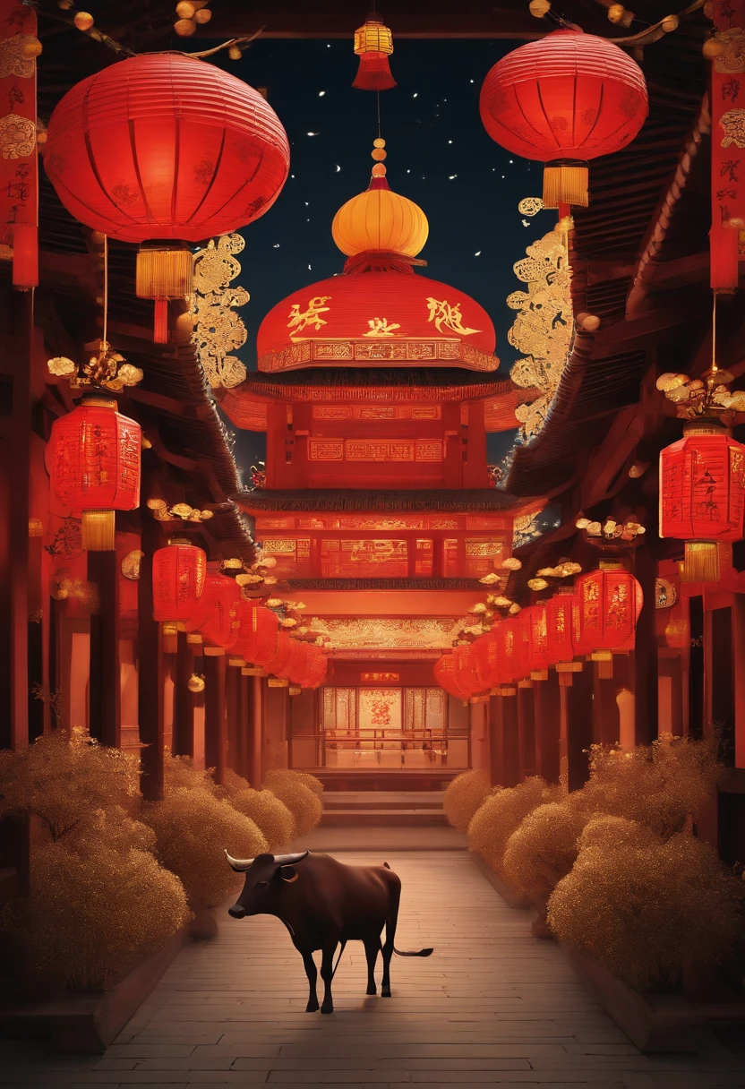 Paper Cuttings style，Pattern style in oriental style，In the middle there is a large zodiac cow，On the streets of ancient China，There are festive lanterns in the background
