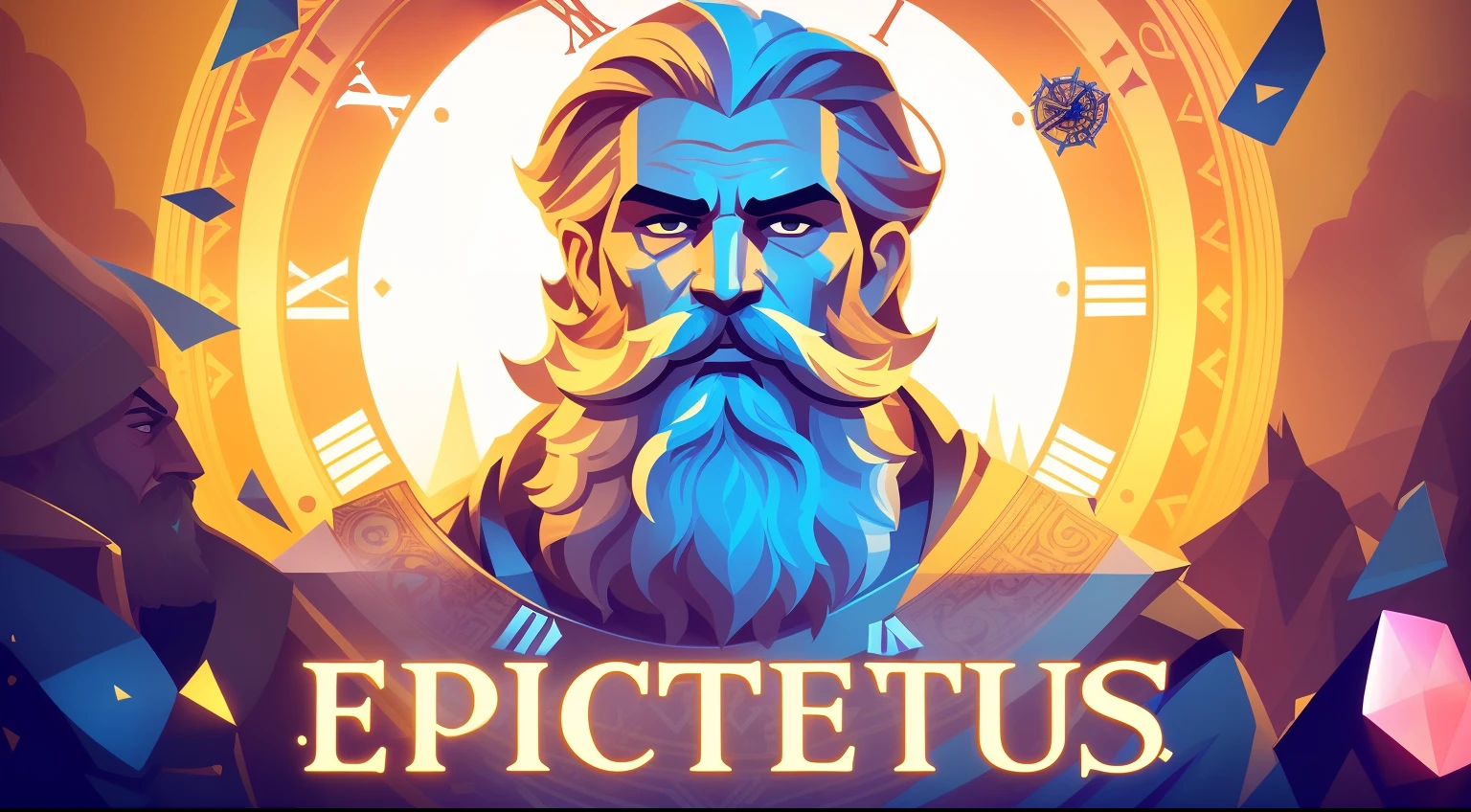 a picture of a man with a beard and a clock in the background, epic scene of zeus, epic exquisite character art, epic, epic, epic fantasty card game art, epic portrait illustration, epic digital art illustration, epic rpg portrait, epic video game art, portrait of rugged zeus, epic artwork, epic art, epic full color illustration, by Drew Tucker