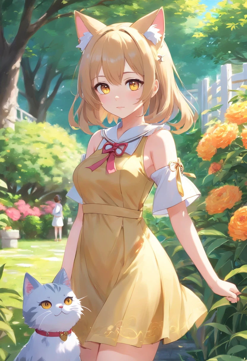 Cat-eared girl in dress standing in garden, Break，silber hair，gold eyes，loli in dress, small curvaceous loli, Guviz-style artwork, Guweiz in Pixiv ArtStation, Guweiz on ArtStation Pixiv, Guviz, small loli girl, Soft anime illustration, Anime visuals of cute girls, Detailed digital anime art，Girl with cat ears，Beautiful rendering, Beautiful digital artwork，quadratic element，anime big breast，gold eyes，Perfect body proportion，chiquita，femele，full bodyesbian，Gentleman's girl，