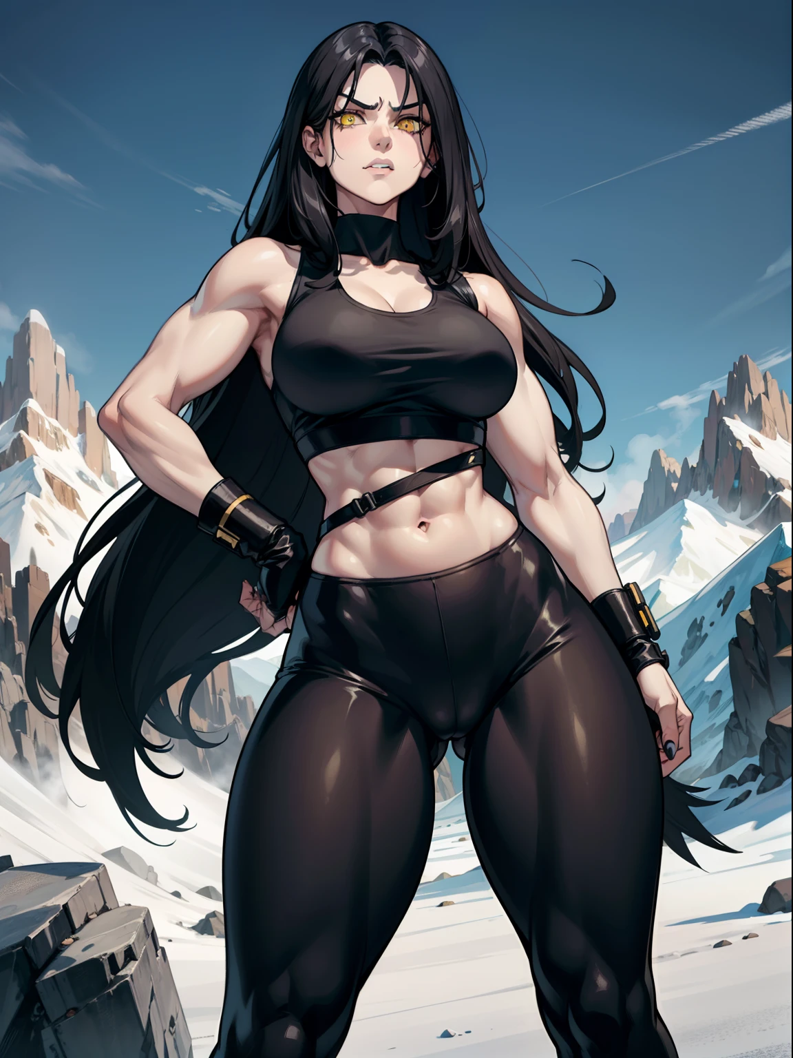 black hair, extremely long hair, yellow eyes, pale skin, muscular, large breasts, thick thighs, angry, leggings, tank top, mountain range background