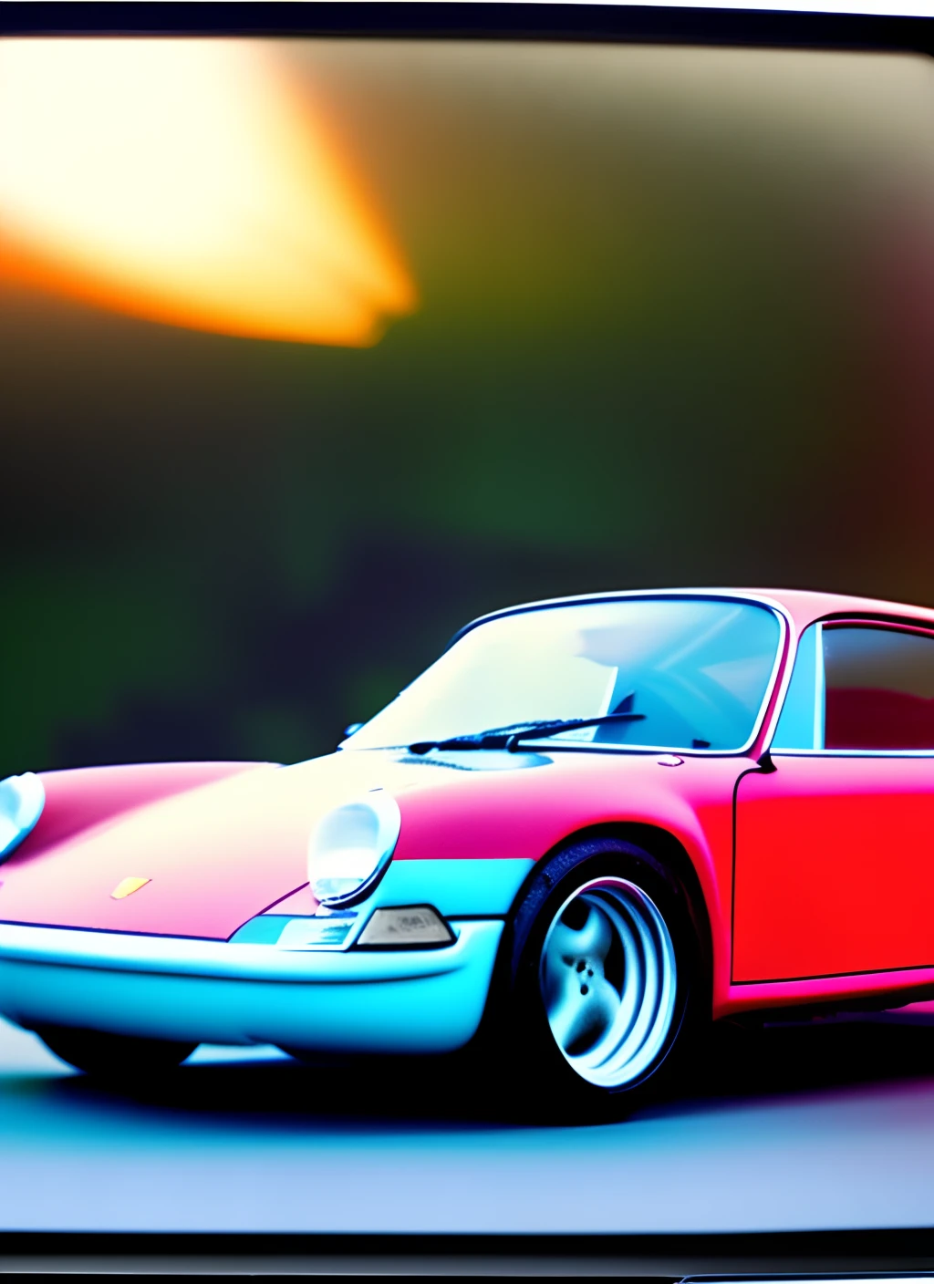 Expired polaroid film 8k realistic porsche portrait, artwork, camera flash highlighting realistic porsche in tunnel, motion blur, night, out of focus and blurry, ISO 100, black, red