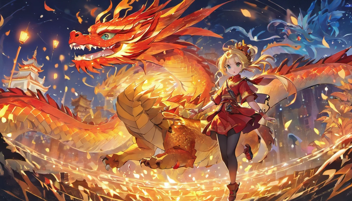 Mid-Autumn Festival,(large moon),(((((chinesedragon))))),tradit,celebration,fire works,((Kongming Lantern)),The Chinese dragon flies in the sky