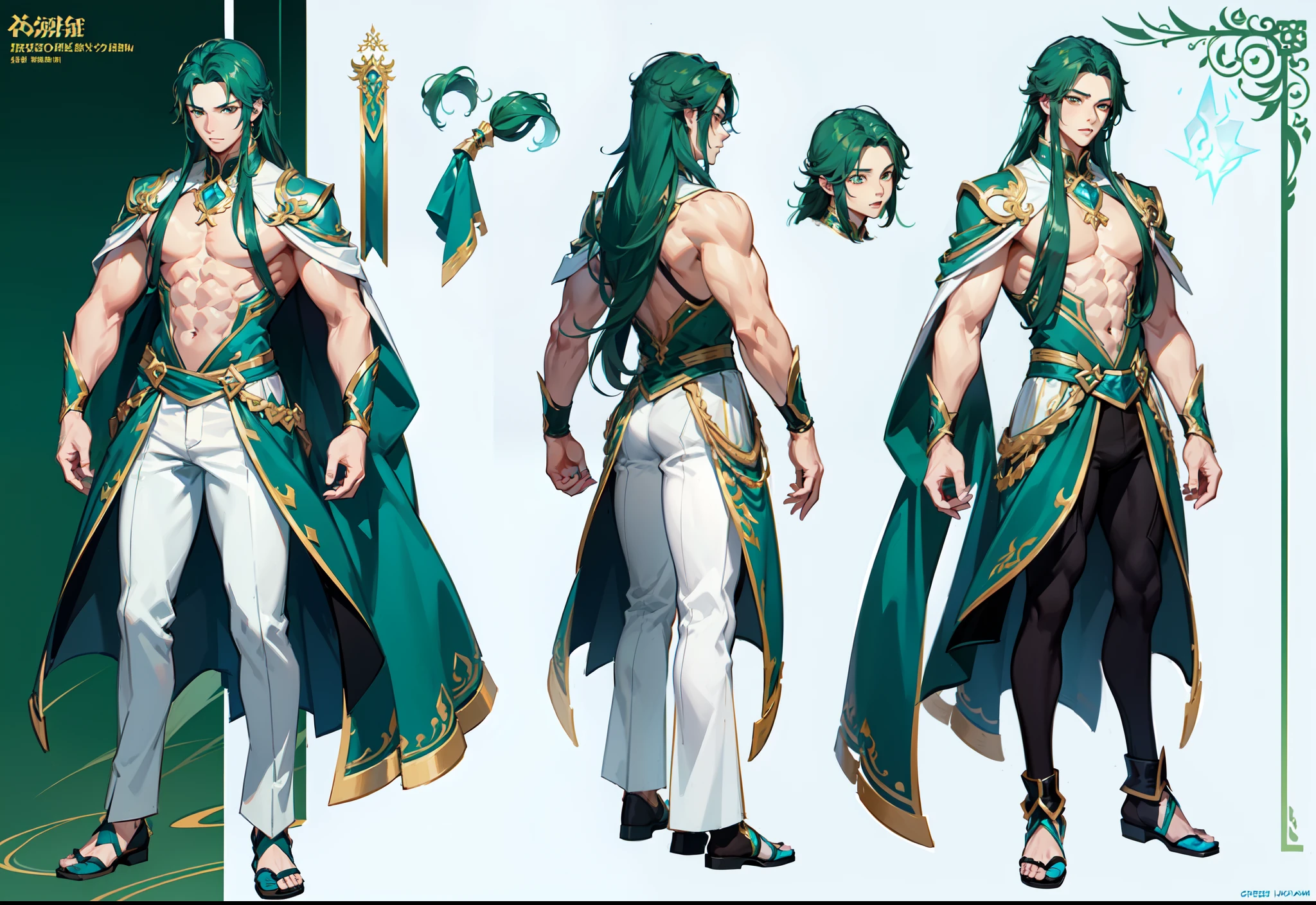 (Masterpiece, best quality), detailed, 1 man, ((character concept art)), ((character design sheet, same character, front, side, back)), full body, body complete, 1 Male angel, 1 Man angel, Detailed face, character design sheet,full bodyesbian, Highly detailed, character sheet, character design, Many parts, dark skin, angel wings, long green hair, angel outfit, muscle male god, male clothes, masculine, muscle man, male muscle, manly, male angel, Muscle male long green hair,beautiful man, beautiful muscle man, abs, pectoral muscle