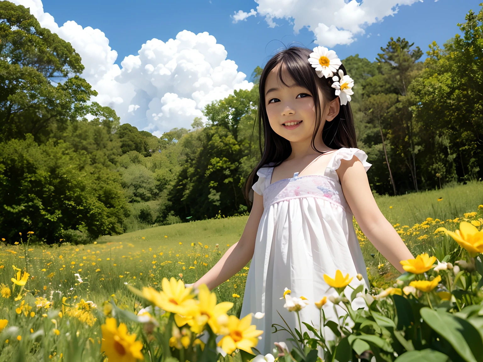 Little girl, great flower, In the forest，Blue sky and white clouds，flower  sea，A big smile，Pink shirt dress