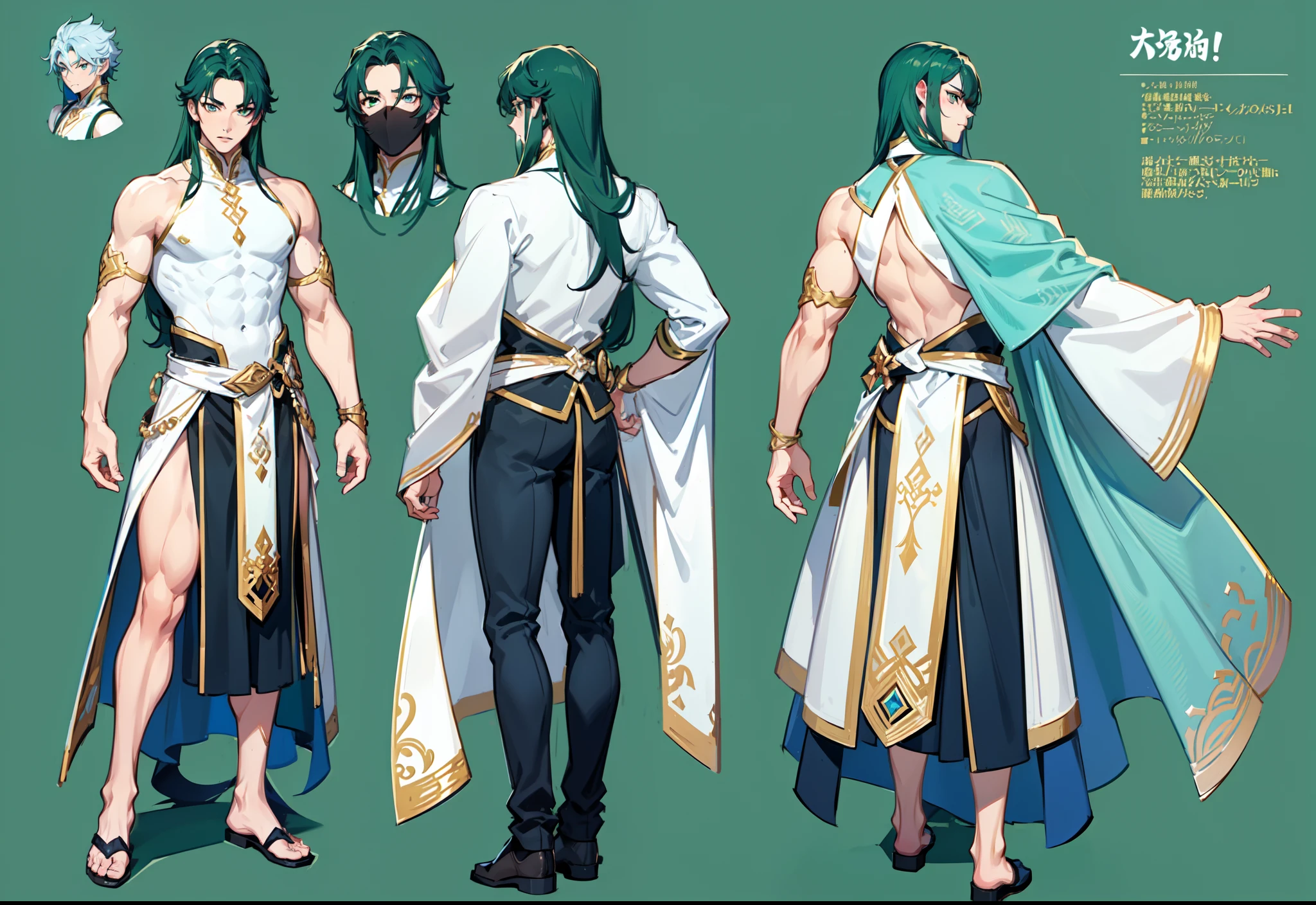 1boy, single, asian boy, reference sheet, character design, front angle, side angle, rear angle, dynamic poses, (masterpiece:1.2), (best quality:1.3), ice fantasy outfit, muscle body, athletic body. (Green eyes), (long hair), (long bangs), (green hair), (pale skin), (reference sheet:1.5)