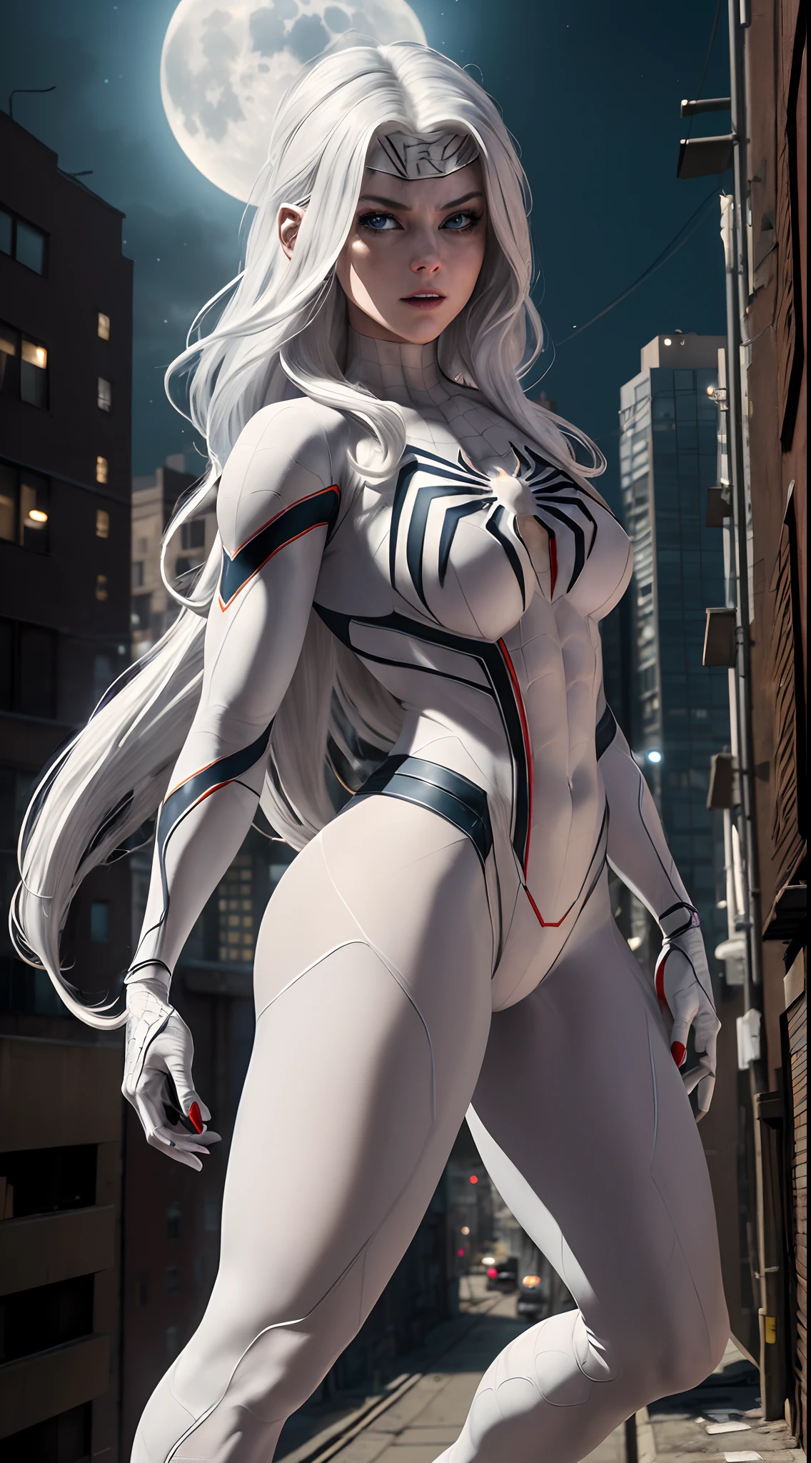 (Masterpiece, 4k resolution, ultra realistic, highly detailed), (White superhero theme, charismatic, there is a girl on top of the city, dressed in the white color Spider-Man costume, she is a superhero), [ ((25 years old), (long white hair: 1.2), full body, (blue eyes: 1.2), ((Spider-Man pose), show of strength), ((gritty urban setting): 0.8)| (cityscape, at night, dynamic lights), (full moon))] mainly a 4K ultra-high definition painting, very realistic, highly detailed. It shows a female superhero at the top of the city, dressed in a white Spider-Man costume. The theme in the painting is a white superhero theme, the female lead has long white hair, she is 25 years old, and her entire body is shown in the painting. In terms of portraying the actions of female superheroes, spiders are employed.