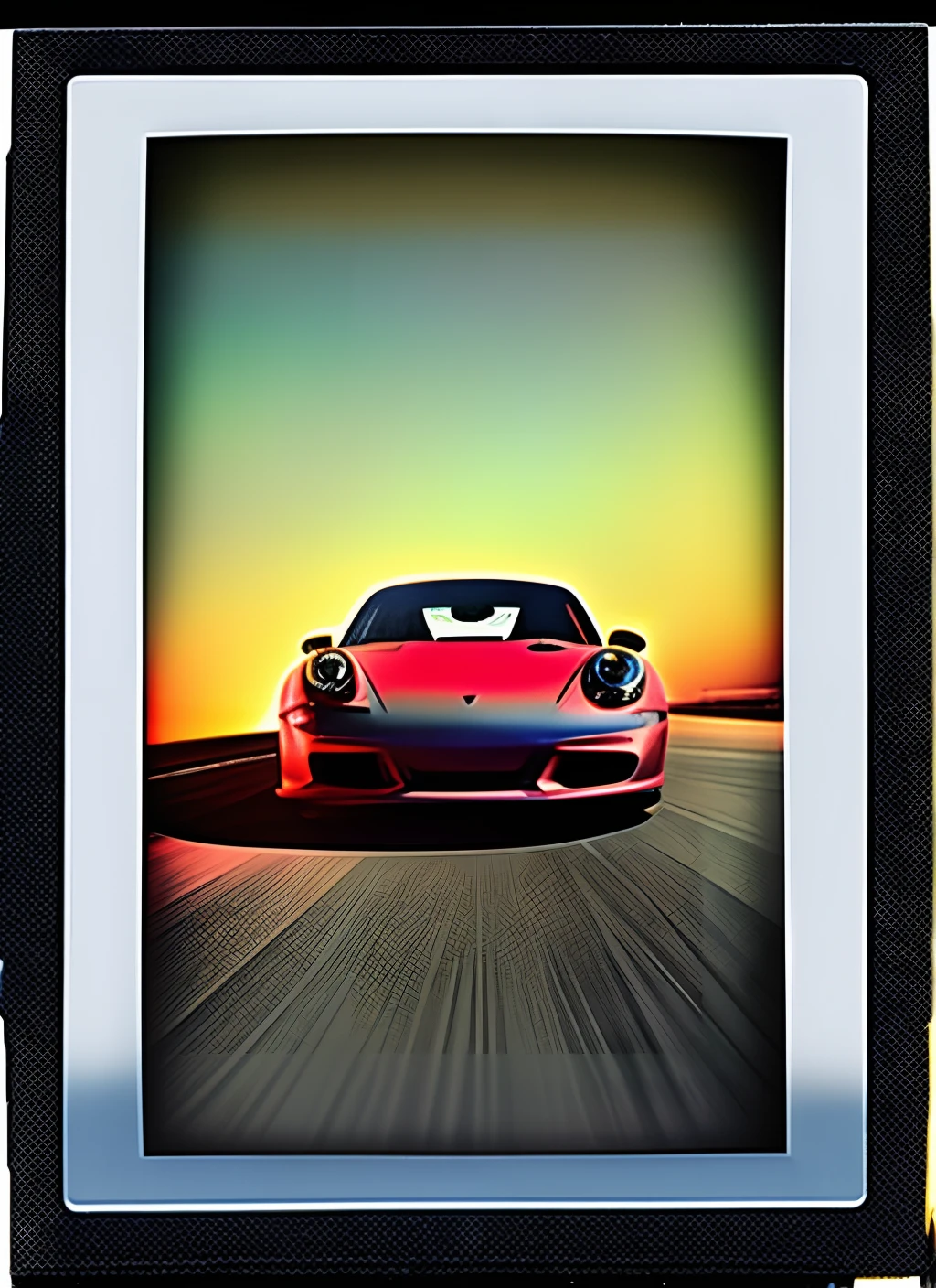 Expired polaroid film 8k realistic porsche portrait, artwork, camera flash highlighting realistic porsche in tunnel, motion blur, night, out of focus and blurry, ISO 100, black, red