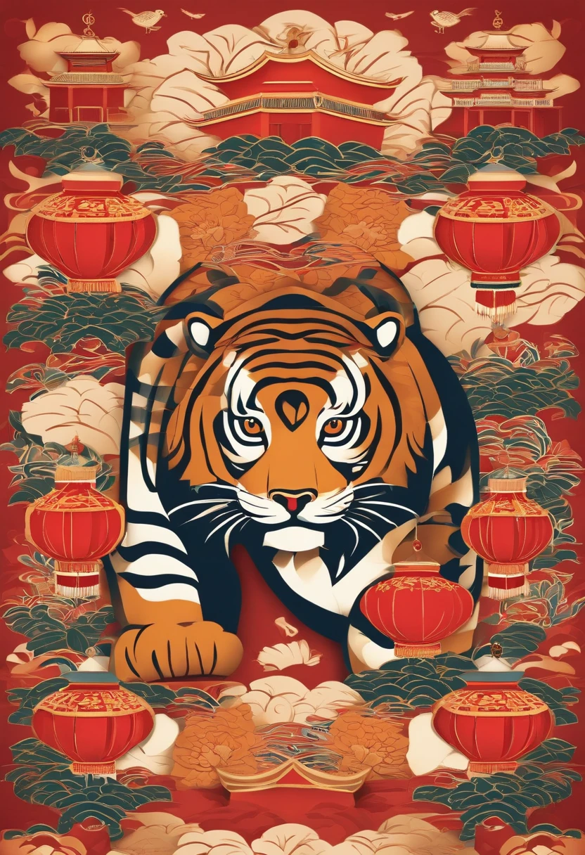 Paper Cuttings style，Pattern style in oriental style，There is a large zodiac tiger in the middle，On the streets of ancient China，There are festive lanterns in the background