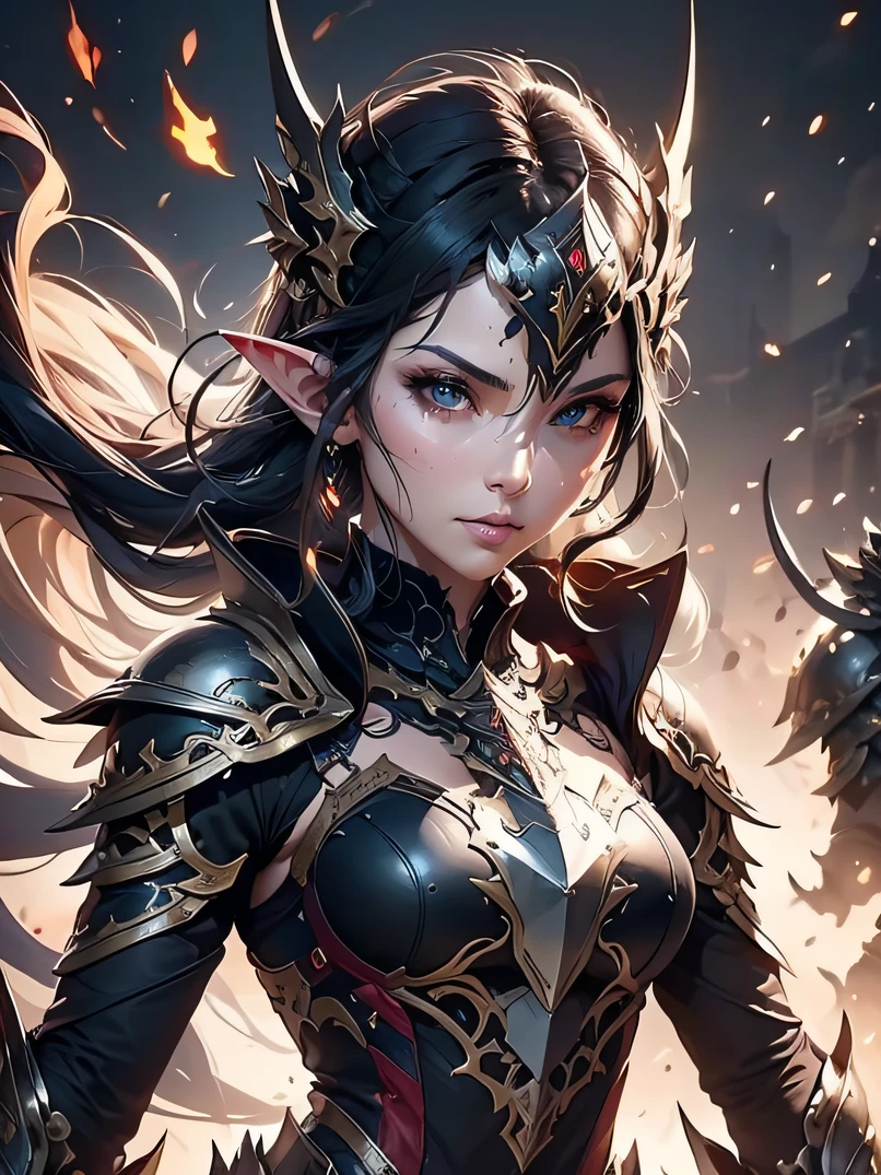 top-quality、Ultra-detailed、Cinematic lighting、Unique lighting effects、Lighting the face、4/5 shots、battle posture、dynamic motion、Full body portrait environment of beautiful 30 year old female elf with intricate details、Elegant person、Graceful aura、Elaborate patterns that blend fantasy and modernity、Black cloak of flowing fabric、Richly textured black leather armor and leggings、Black knight armor with delicate carving、Knight's helmet、Swinging a sword、Multiple enemy soldiers approaching from behind、Burning cityscape and medieval castle、Mystical atmosphere filled with magical elements、Dynamic lighting with vibrant colors、Detailed background depiction、Deep sense of depth、Depth and mood、Slender figure、A dark-haired、Hairstyle Ponytail、Seductive blue eyes、Sharp eyes、Look at viewers、hyperdetailed face、Detailed eyes、Detailed hand depiction、Detailed foot depiction、Focus from the waist up