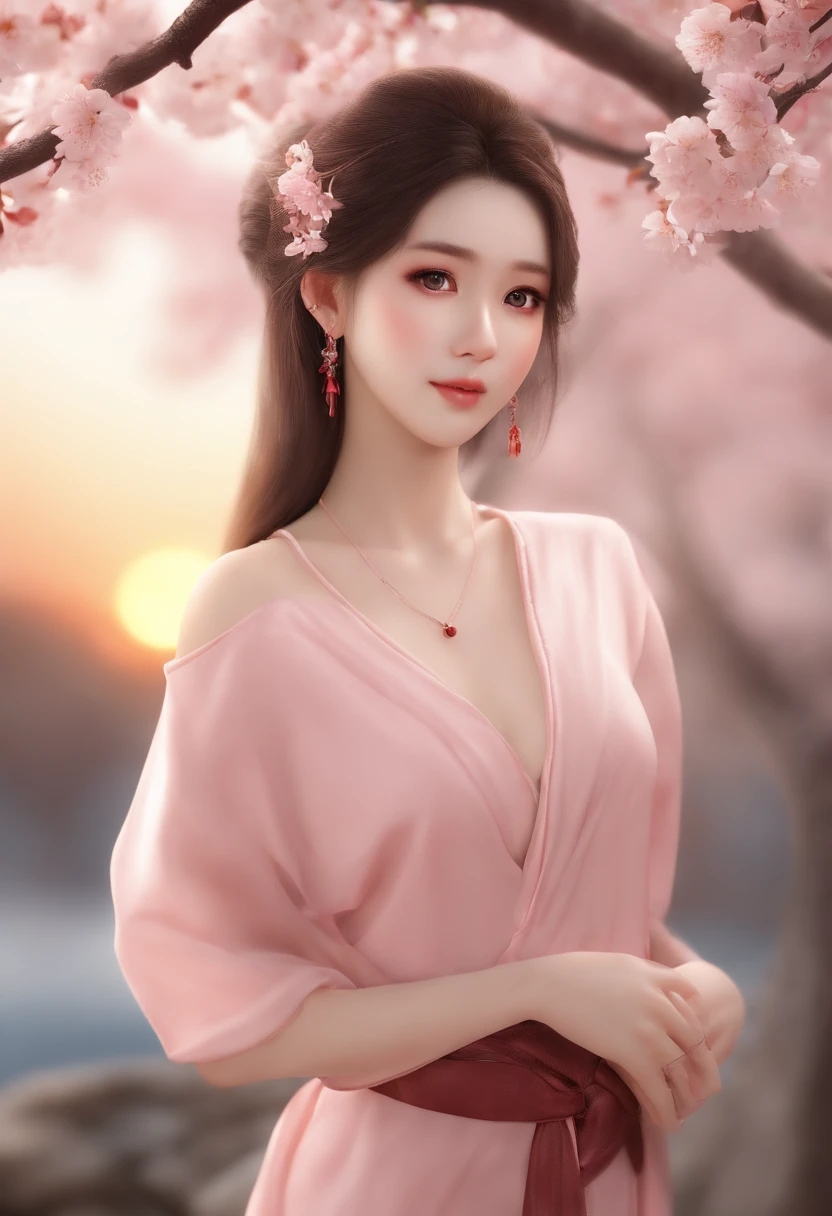 Best quality, 超高分辨率, (Photorealistic:1.4), 1girll, , Small breast,Pink , Black choker, Smile, Bare shoulders, solofocus, view the viewer,Fair skin,Sunset,cherry tree,フォトンマッピング, Physically-based rendering, RAW photo, highly detailed back ground,Kpop idol,Depth of field,Torii,Cherry blossoms,hair adornments,Detailed face,Shiny skin,Game CG,full bodyesbian,