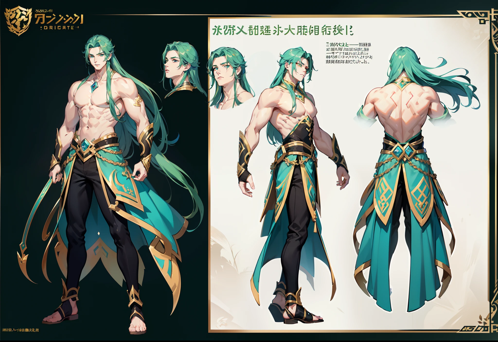 1boy, single, asian boy, reference sheet, character design, front angle, side angle, rear angle, dynamic poses, (masterpiece:1.2), (best quality:1.3), ice fantasy outfit, muscle body, athletic body. (Green eyes), (long hair), (long bangs), (green hair), (pale skin), (reference sheet:1.5)