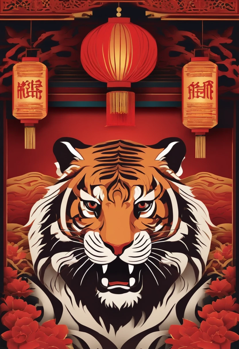 Paper Cuttings style,Oriental style pattern style,There is a large zodiac tiger in the middle,On the streets of ancient China,Festive lanterns in the background