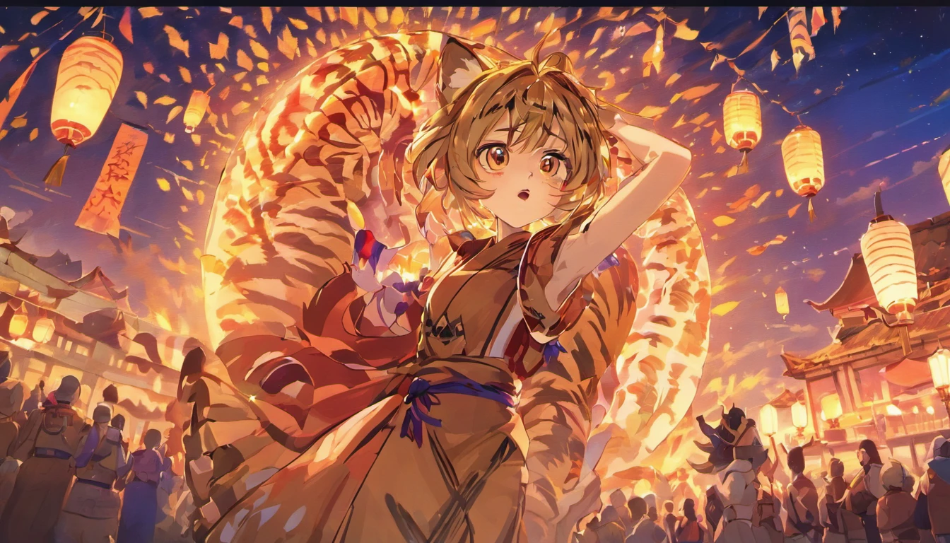 Mid-Autumn Festival,(large moon),(((((tigre))))),tradit,celebration,fire works,((Kongming Lantern))