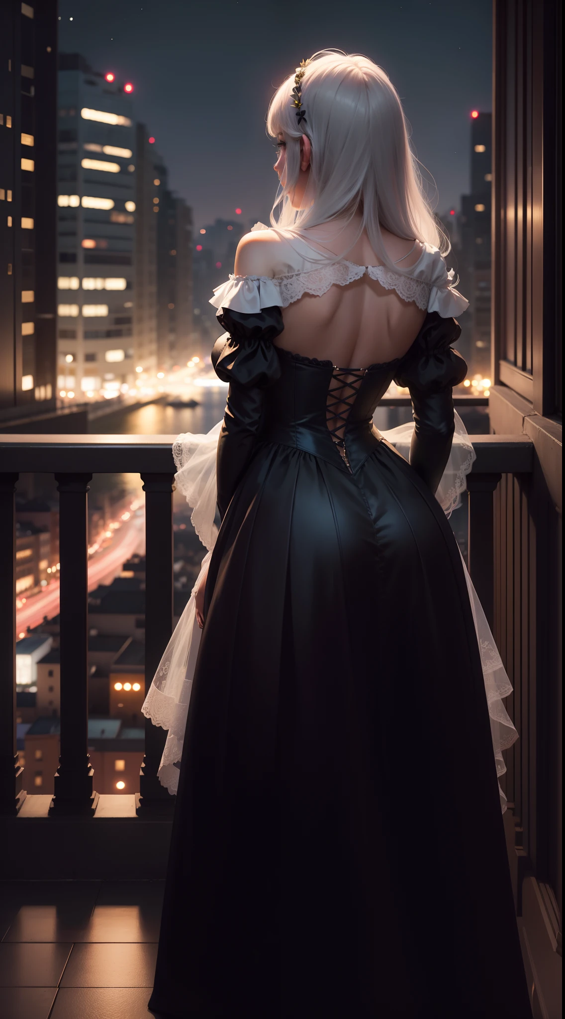 A beautiful maiden standing by the balcony fence,Night view of the city from afar,Back shadow,Turn your back to the audience,Oriented towards the city,Contre-Jour,tightly dress,full bodyesbian,long whitr hair