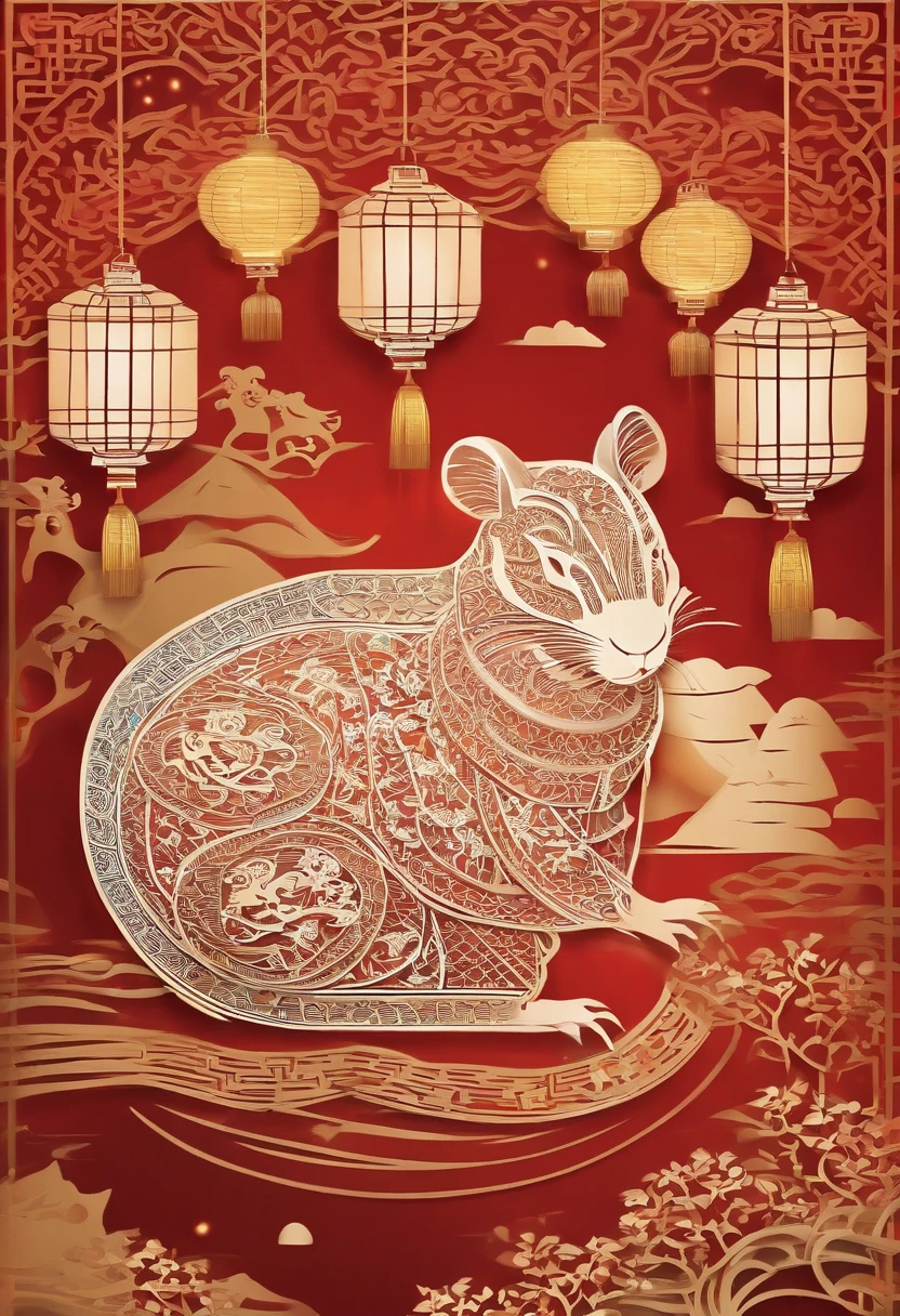 Paper Cuttings style,Oriental style pattern style,There is a large zodiac rat in the middle,On the streets of ancient China,Festive lanterns in the background
