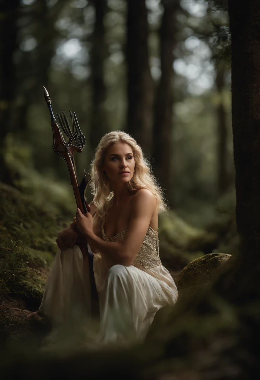 Jovem deusa grega nua , Virgin of wild nature and hunting, com (((blonde hair))) e (((olhos azuis))), Amazingly beautiful, is light-skinned, esbelta e alta, "Parece rigoroso e determinado", mythical Arcadian mountains and forests, mitologia grega, hiper-realismo, fotorrealista, super detalhe, 8k, master part