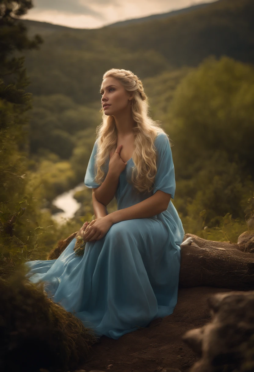 Jovem deusa grega nua , Virgin of wild nature and hunting, com (((blonde hair))) e (((olhos azuis))), Amazingly beautiful, is light-skinned, esbelta e alta, "Parece rigoroso e determinado", mythical Arcadian mountains and forests, mitologia grega, hiper-realismo, fotorrealista, super detalhe, 8k, master part