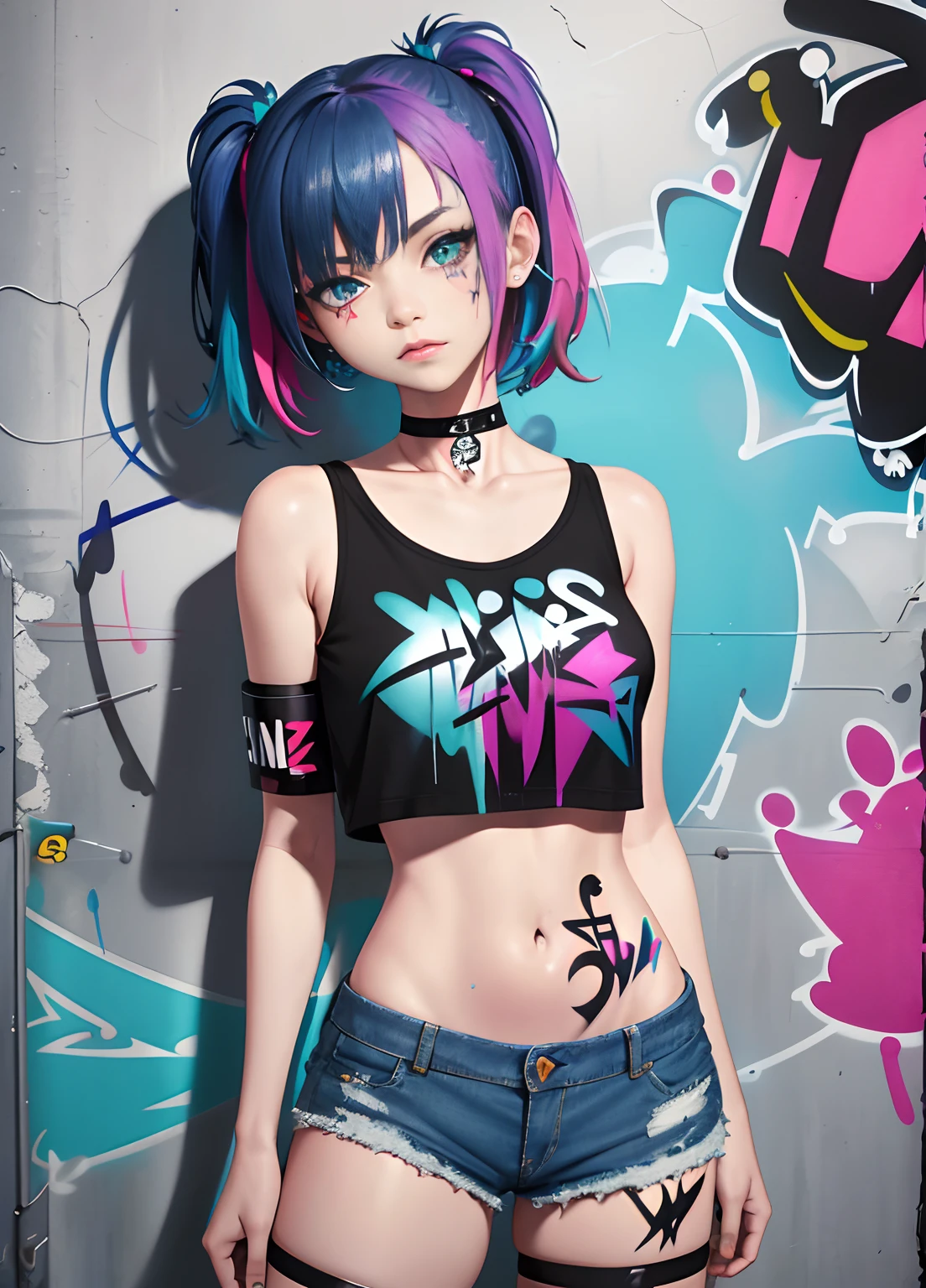 masterpiece, best quality, 1girl, solo, crop top, denim shorts, choker, (graffiti:1.5), paint splatter, arms behind back, against wall, looking at viewer, armband, thigh strap, paint on body, head tilt, bored, multicolored hair, aqua eyes, headset,