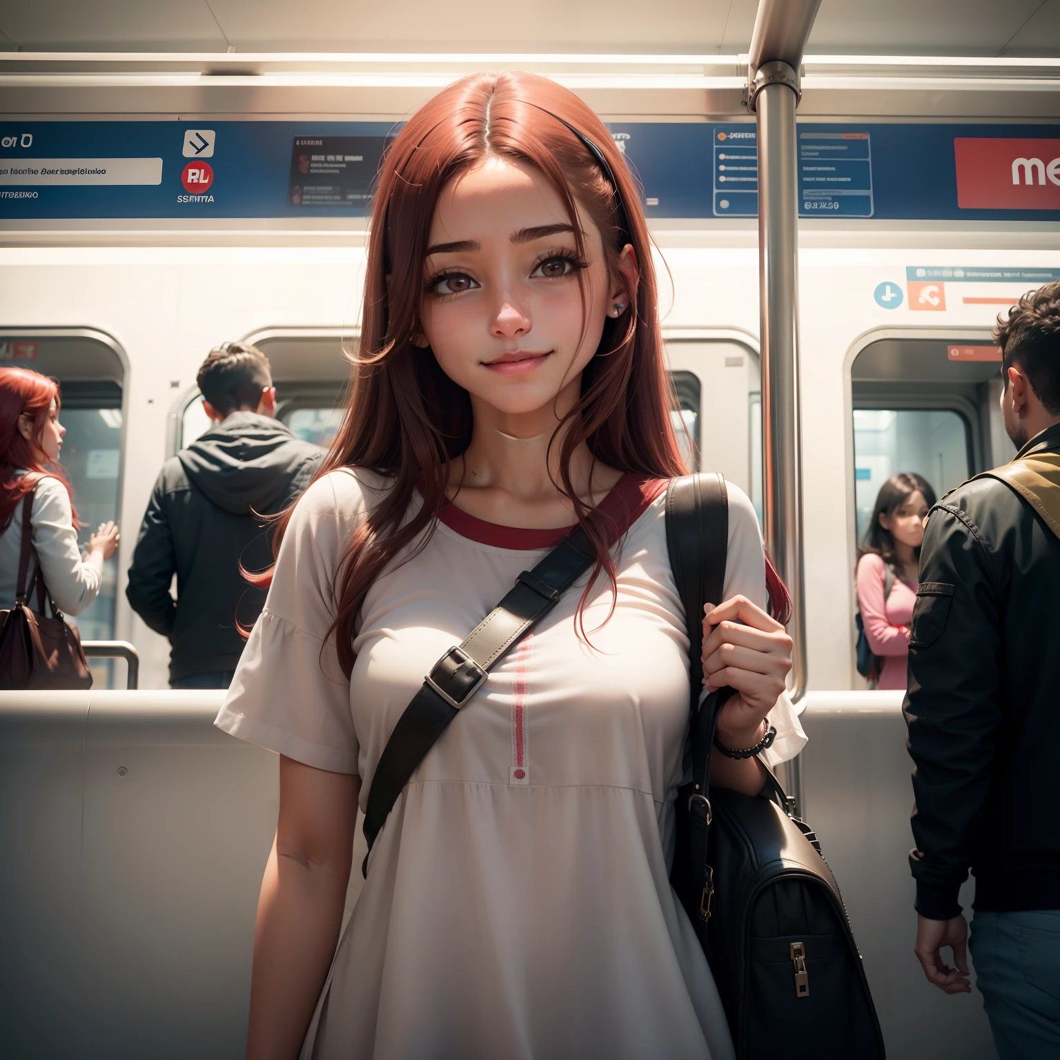 Chica sentada, Metro station, mirando al espectador, sonriendo, gente al rededor, cabello rojo, ojos morados, saludando con una mano al espectador, ojos detallados, calidad ultra, hiperealista