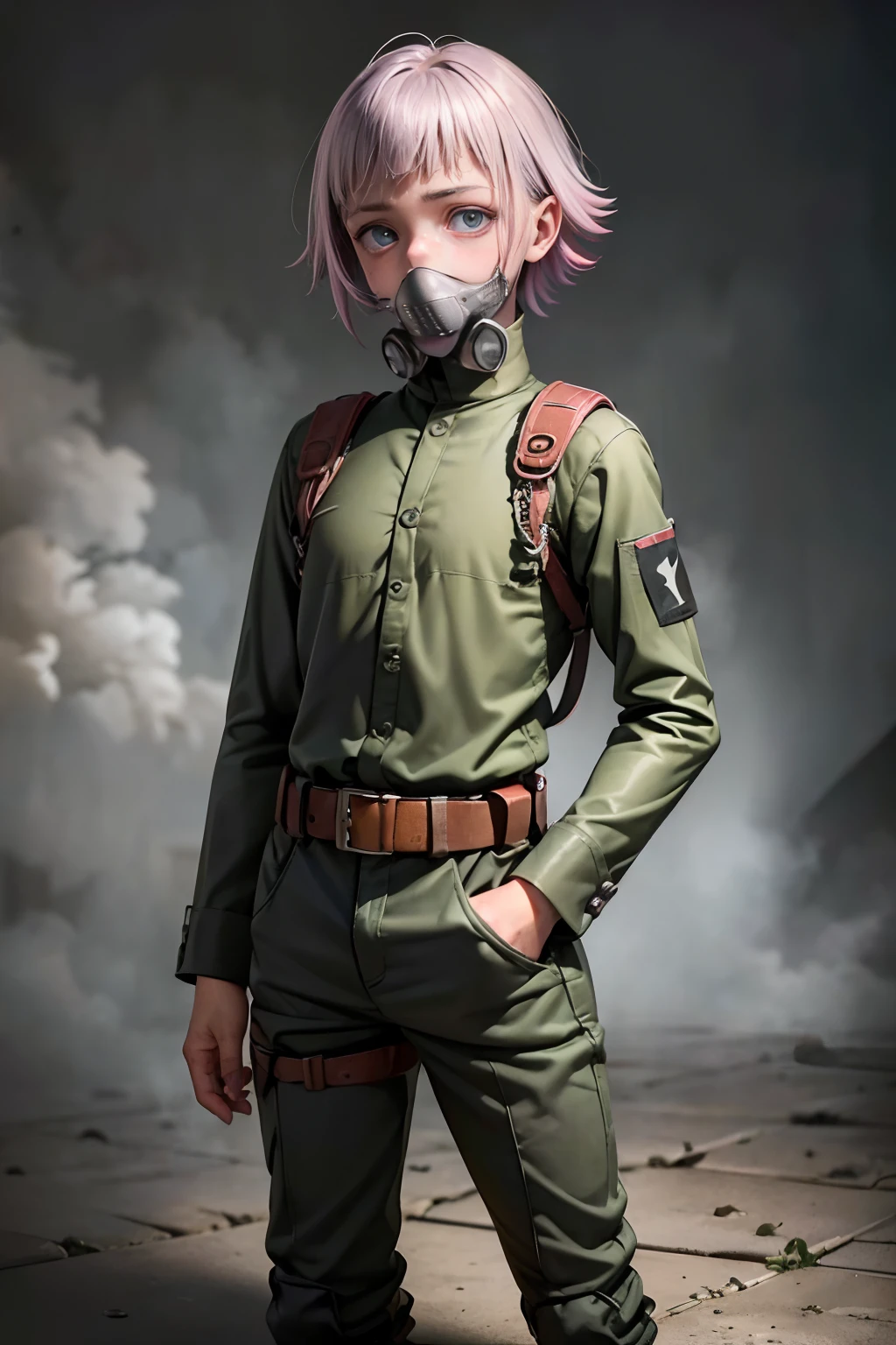Que tengas ropas militar de soldado de combate y tengo una mascarilla de gas ( and his eyes come out well formed also his face and his hands ( que tenga ropa militar (soldado de combate)2.5D Anime realistic sus (pelos morado) Crona that he is who wears a military combat soldier's suit and has a gas mask that the eyes come out well formed that looks full body