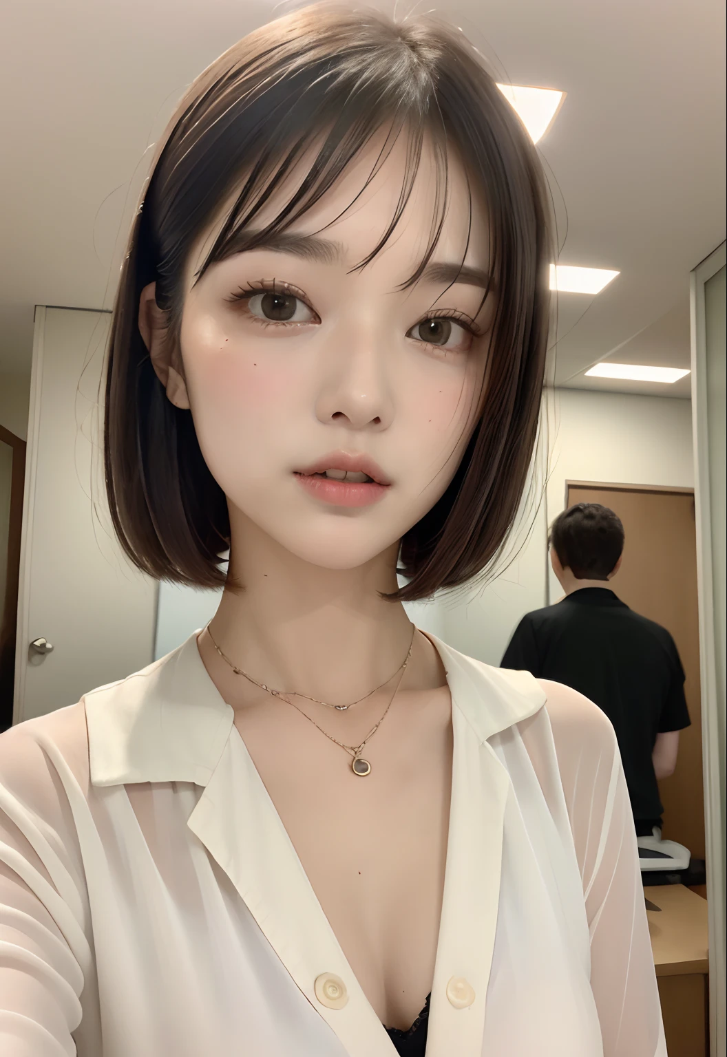 ((top-quality、8K、masterpiece:1.3))、Beautuful Women、1girl in、(cute little)、((Farbe々Hairstyle))、hyperdetailed face、very detailed lips、A detailed eye、二重まぶた、Colossal tits、(well-groomed bangs:1.3)、dark brown hair、big eye、enticing lips、The corners of the mouth rise、Black eye、cute wan asian face, the face of a beautiful Japanese girl, with short hair with bangs, white hime cut hairstyle、Slender eyes、s Office、Suits、Women's Suits、耳Nipple Ring、