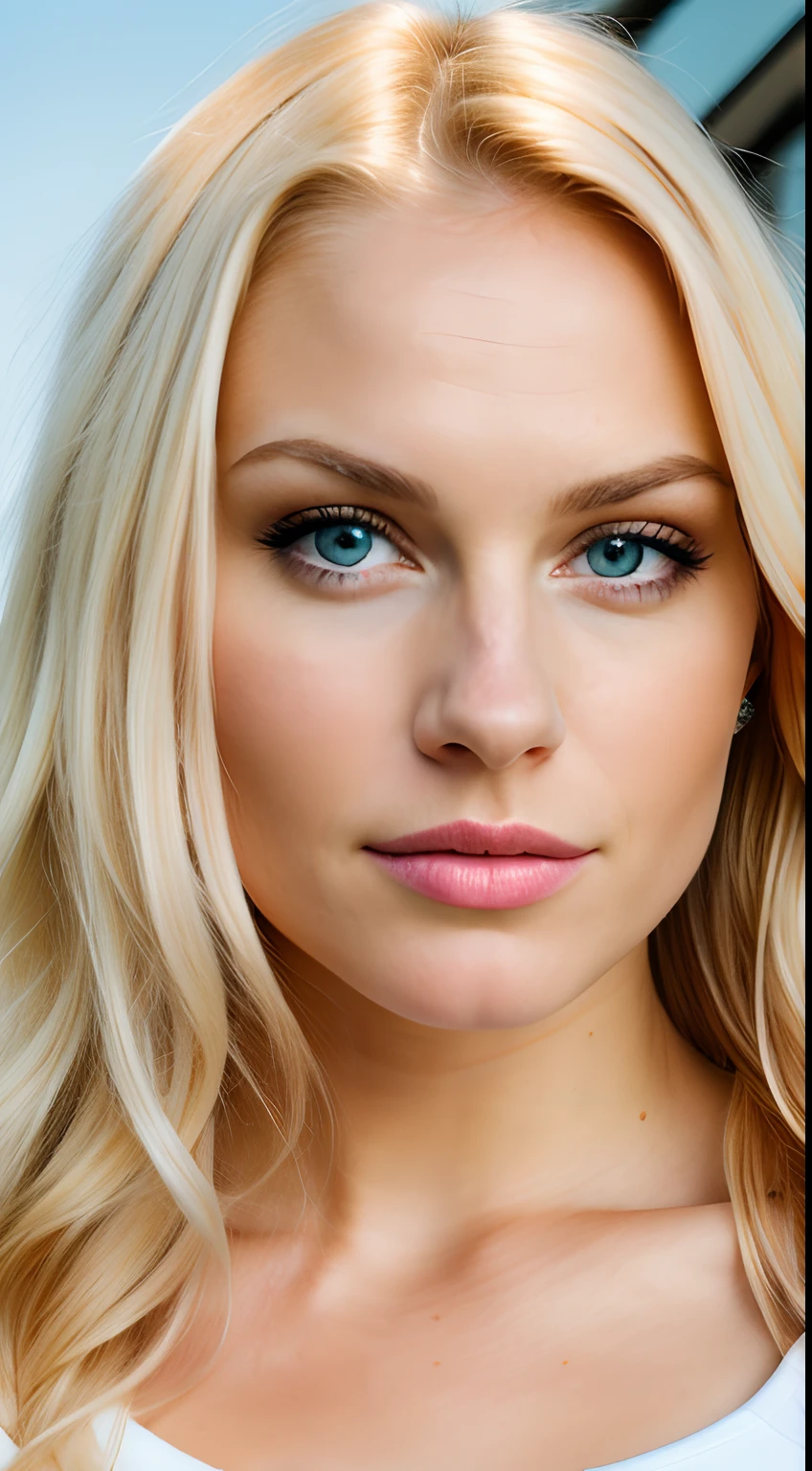 portrait, woman, face with sarcastic expression, caucasian, blond hair, evil look, huge breasts, white clothing, 8k resolution, realistic