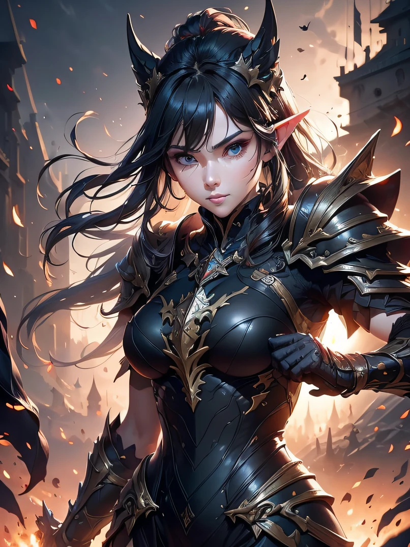 top-quality、Ultra-detailed、Cinematic lighting、Unique lighting effects、Lighting the face、4/5 shots、battle posture、dynamic motion、Full body portrait environment of beautiful 30 year old female elf with intricate details、Elegant person、Graceful aura、Elaborate patterns that blend fantasy and modernity、Black cloak of flowing fabric、Richly textured black leather armor and leggings、Black knight armor with delicate carving、Knight's helmet、Swinging a sword、Multiple enemy soldiers approaching from behind、Burning cityscape and medieval castle、Mystical atmosphere filled with magical elements、Dynamic lighting with vibrant colors、Detailed background depiction、Deep sense of depth、Depth and mood、Slender figure、A dark-haired、Hairstyle Ponytail、Seductive blue eyes、Sharp eyes、Look at viewers、hyperdetailed face、Detailed eyes、Detailed hand depiction、Detailed foot depiction、Focus from the waist up