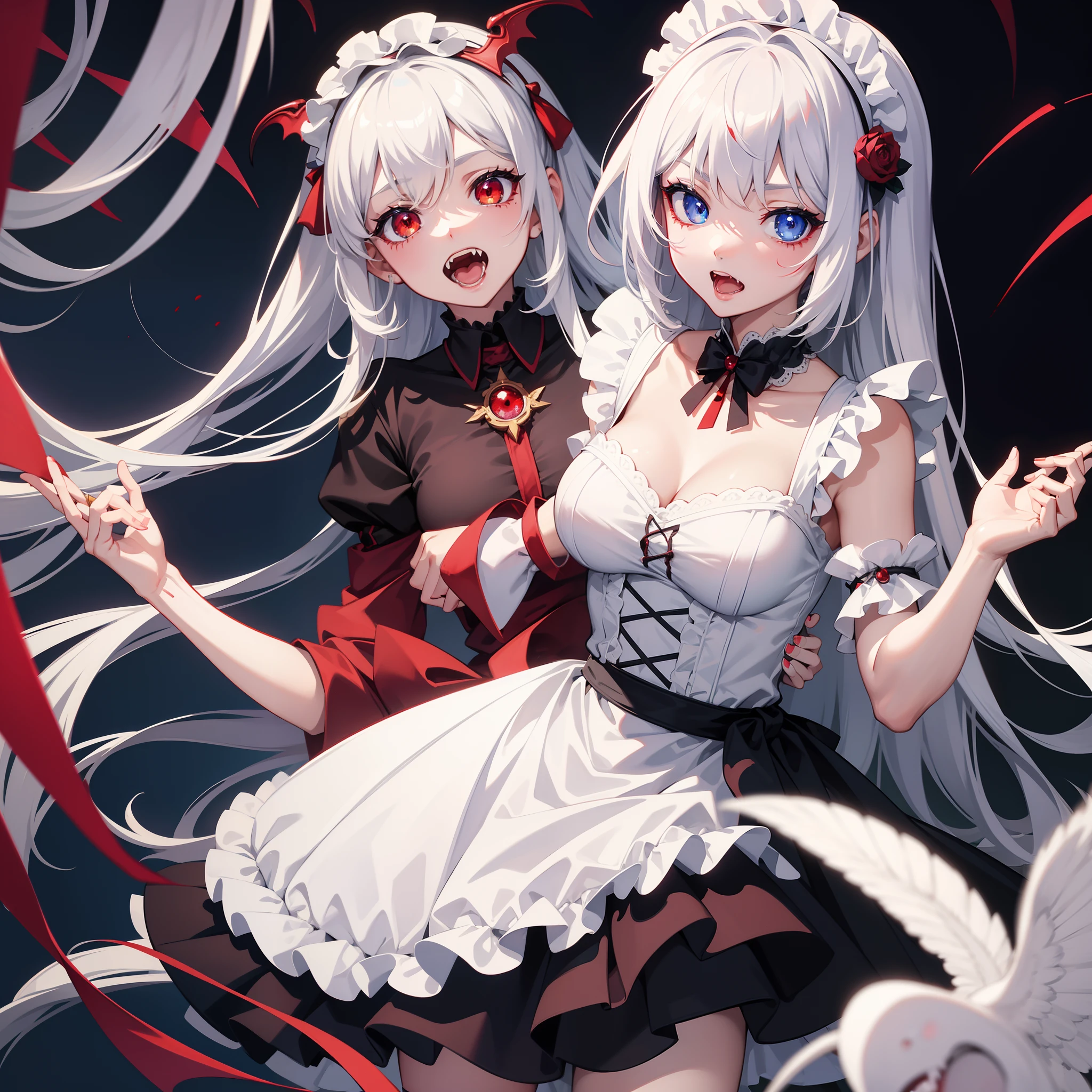 Masterpiece, HD Quality, 4k Resolution, Anime Maid Girl, Open mouth, Fangs Visible, Vampire Girl, Eye color blue right, Eye color Red Left, White Hair, A little bit of blood on mouth,