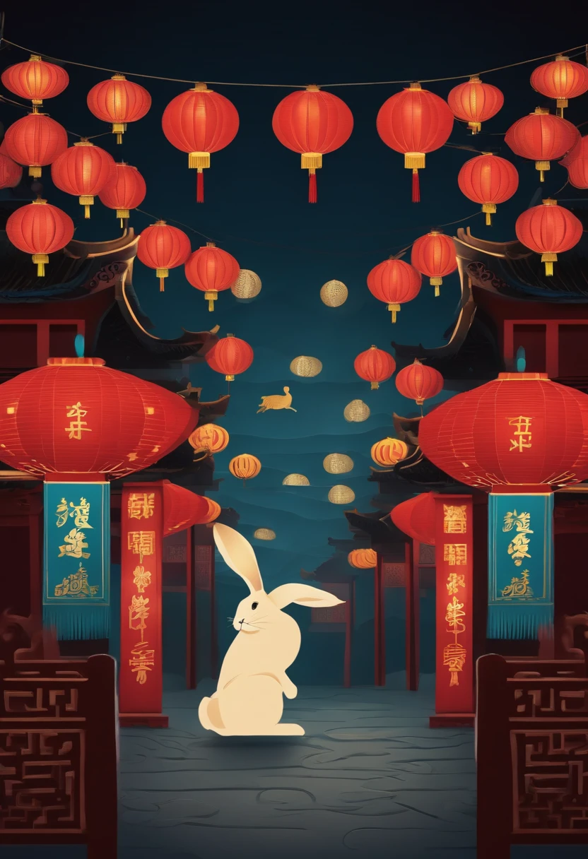 Paper Cuttings style,Oriental style pattern style,There is a large zodiac rabbit in the middle,On the streets of ancient China,Festive lanterns in the background