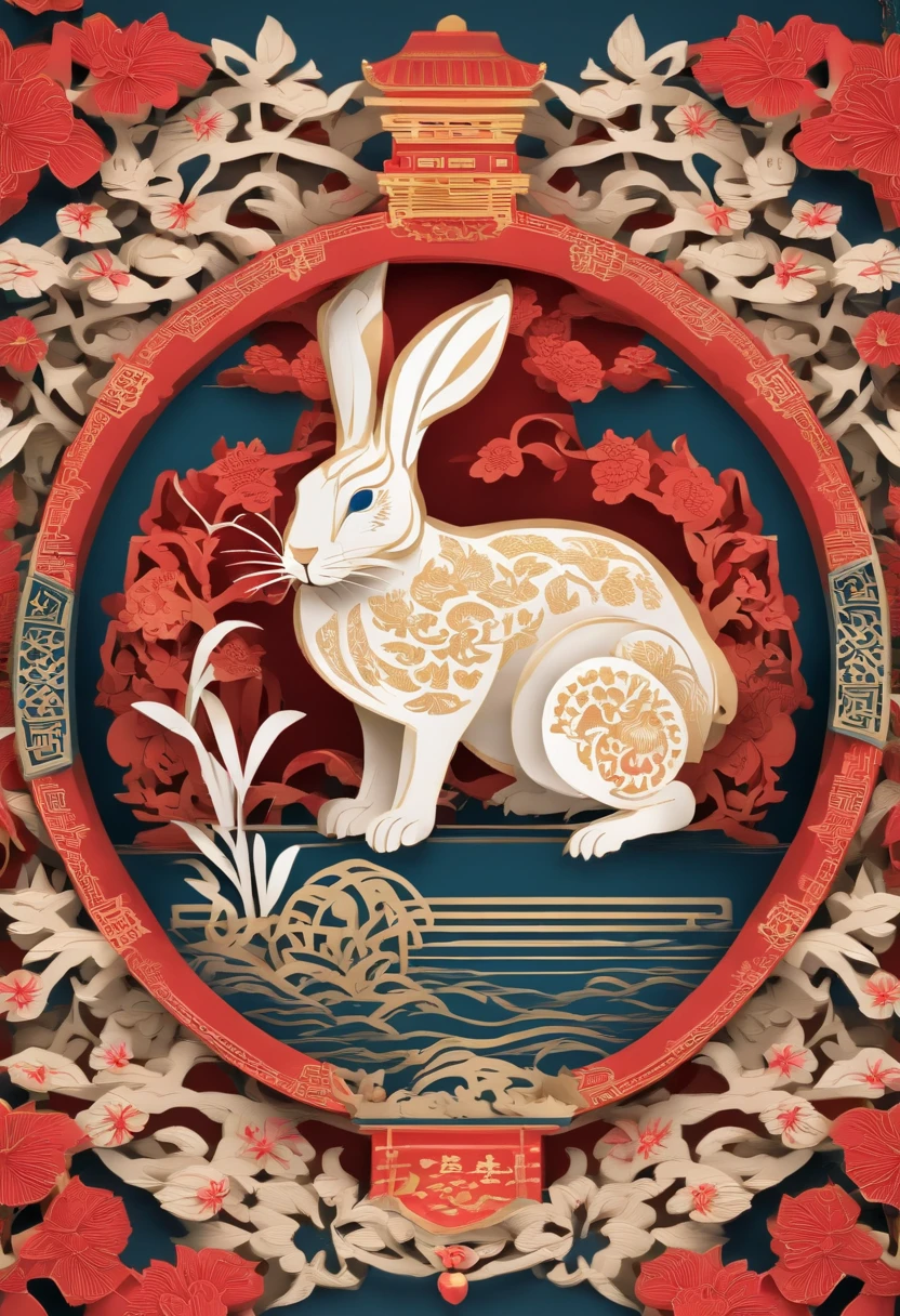 Paper Cuttings style，Oriental style pattern style，There is a large zodiac rabbit in the middle，On the streets of ancient China，Festive lanterns in the background