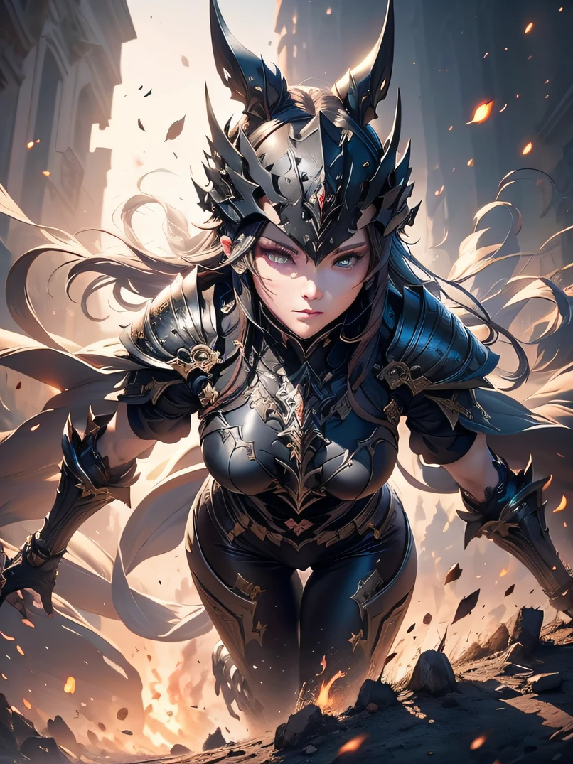 top-quality、Ultra-detailed、Cinematic lighting、Unique lighting effects、Lighting the face、4/5 shots、battle posture、dynamic motion、Full body portrait environment of beautiful 30 year old female elf with intricate details、Elegant person、Graceful aura、Elaborate patterns that blend fantasy and modernity、Black cloak of flowing fabric、Richly textured black leather armor and leggings、Black knight armor with delicate carving、Knight's helmet、Swinging a sword、Multiple enemy soldiers approaching from behind、Burning cityscape and medieval castle、Mystical atmosphere filled with magical elements、Dynamic lighting with vibrant colors、Detailed background depiction、Deep sense of depth、Depth and mood、Slender figure、A dark-haired、Hairstyle Ponytail、Seductive blue eyes、Sharp eyes、Look at viewers、hyperdetailed face、Detailed eyes、Detailed hand depiction、Detailed foot depiction、Focus from the waist up