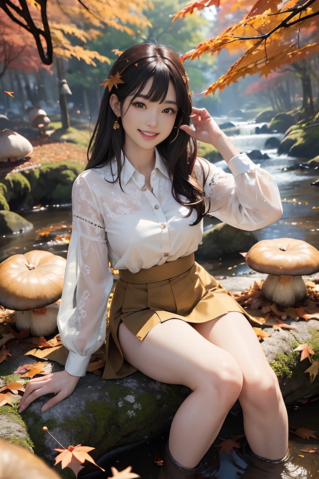 (8K、top-quality、超A high resolution、masterpiece:1.2)、(Photorealsitic:1.4)、(detailed skins:1.3)、1人、Beautiful gravure model at the age of 18、Perfect Style、Beautiful Japan actress、large full breasts、A slender、(Lace shirt with open chest)、(Sexy mini skirt)、(Black pantyhose)、trekking boots、(Detail Eye) 、(grin:1.2)、(Forest of autumn leaves:1.4)、clear stream、(leaf fall:1.4)、Small matsutake mushrooms、Happiness、Beautiful autumn、Elaborate CG 8K wallpapers、dynamicposes、beautiful lighting、profetional lighting、(foco nítido)、Basket with mushrooms、Mushroom picking