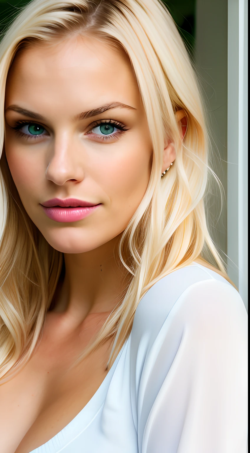 portrait, woman, face with sarcastic expression, caucasian, blond hair, evil look, huge breasts, white clothing, 8k resolution, realistic