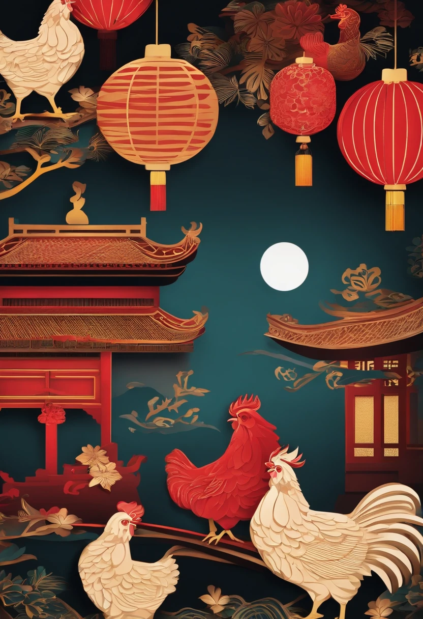 Paper Cuttings style,Oriental style pattern style,There is a large zodiac chicken in the middle,On the streets of ancient China,Festive lanterns in the background
